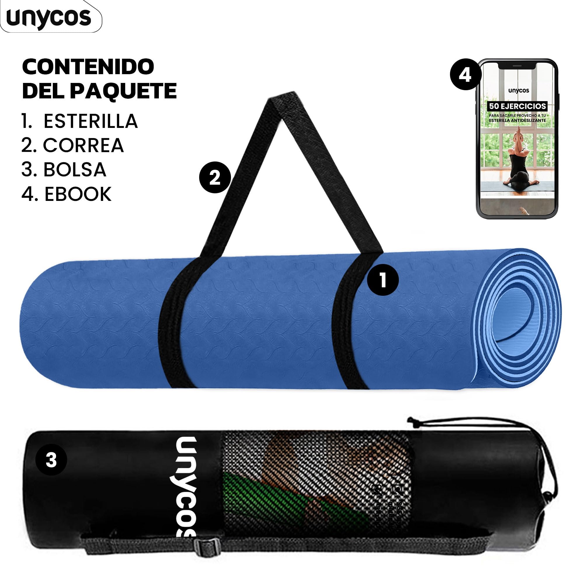 unycos - Esterilla de Yoga, Pilates y Otros Deportes - Colchoneta Antideslizante TPE con Bolsa y Correa para Llevar al Hombro | Ecológica - No Tóxica - 183 x 61 cm