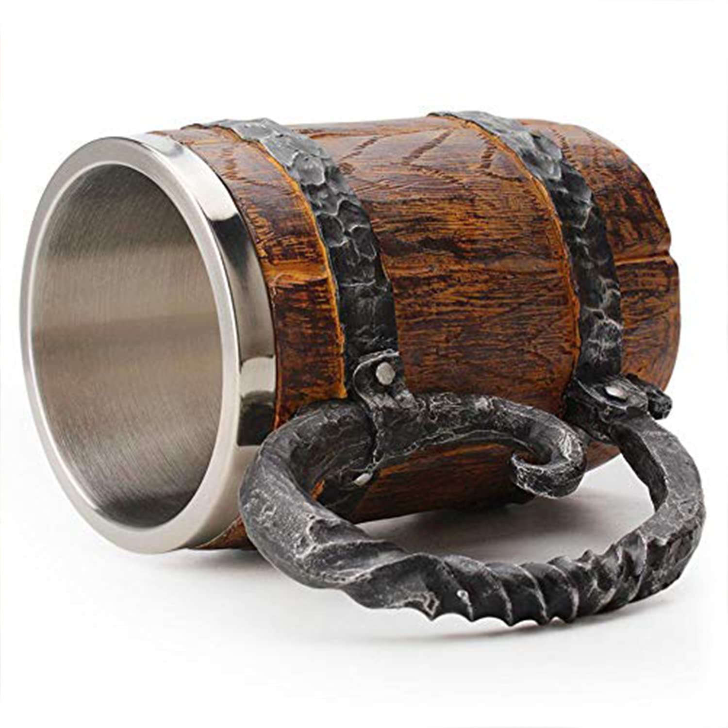 Boccale Da Birra In Stile Vichingo – Tazza In Metallo A Doppia Parete 550 Ml, Design Legno Simulato, Regalo Originale