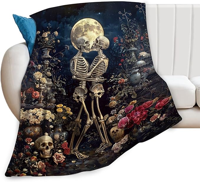 Skull Fleece Blanket Gothic Throw Blanket Vintage Bone Skeleton Flower Moon Fuzzy Blanket For Adult Kids Halloween Christmas Valentine’S Day Gothic Stuffed Decor Gifts For Home Bed Couch 40