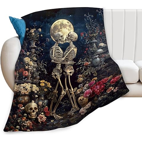 Skull Fleece Blanket Gothic Throw Blanket Vintage Bone Skeleton Flower Moon Fuzzy B...
