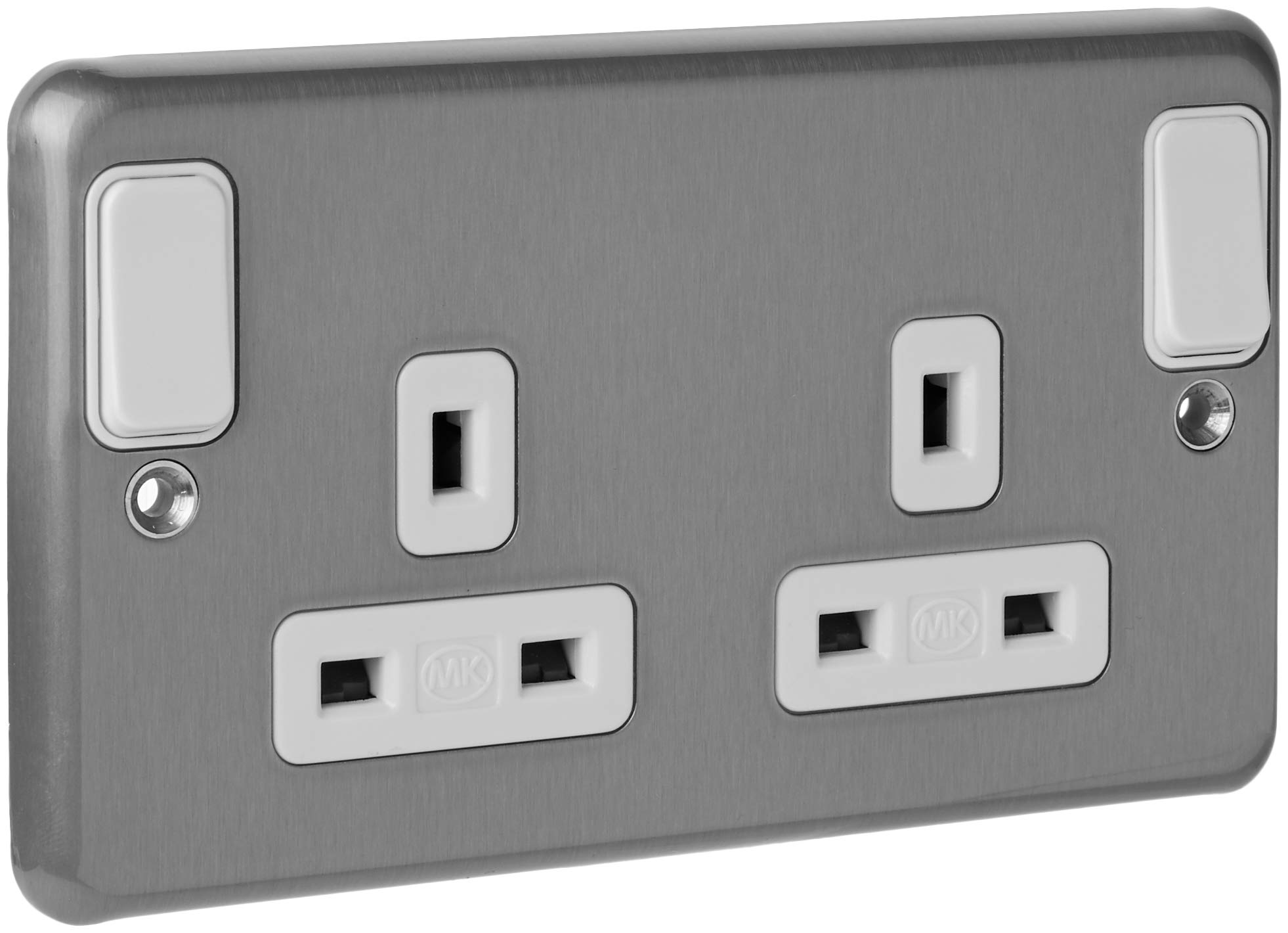 MK K2947CEBRC Double Switch Socket with Outboard Rockers/Clean Earth/Double Pole - Brushed Chrome