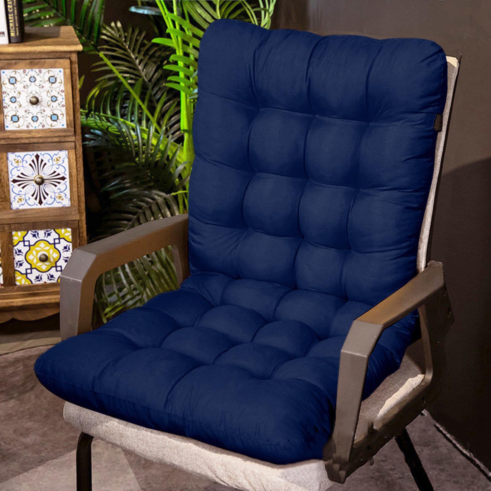 TYYCKJ Chair Cushion with Straps and Backrest, Garden Chair Cushions High Back with Soft Filling, Armchair Cushion Pad,Seat Cushions Upholstery for Garden Outdoor Furniture,Dark Blue,45 * 155cm