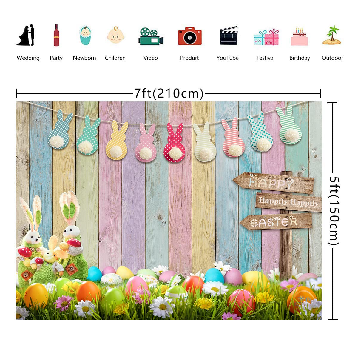 TOENGS 7x5ft Easter Backdrop Spring Easter Rabbit Eggs - View #3