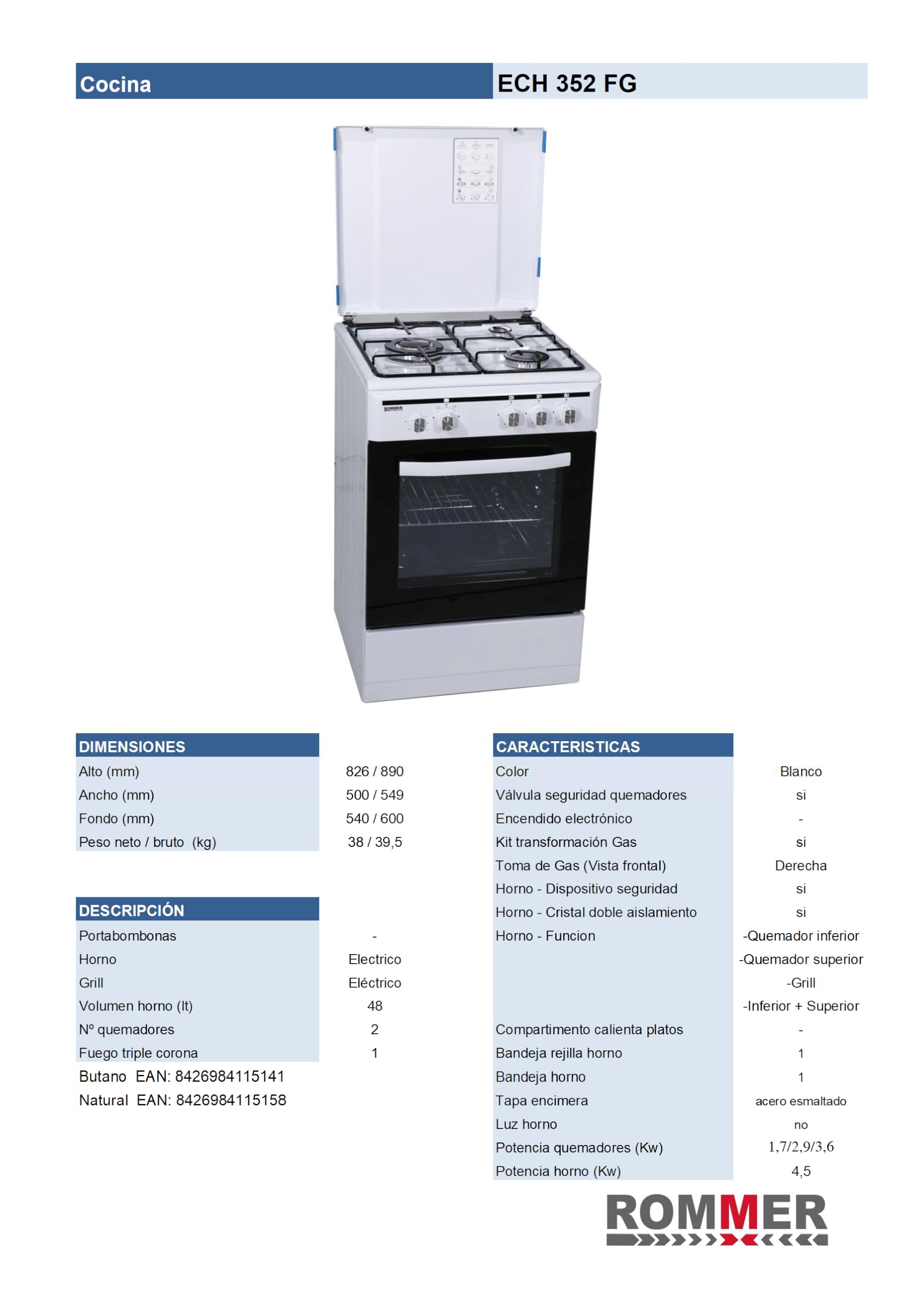 Cocina Rommer ECH 352 FG, 2 quemadores mas fuego triple corona, horno de 47 litros, gas butano