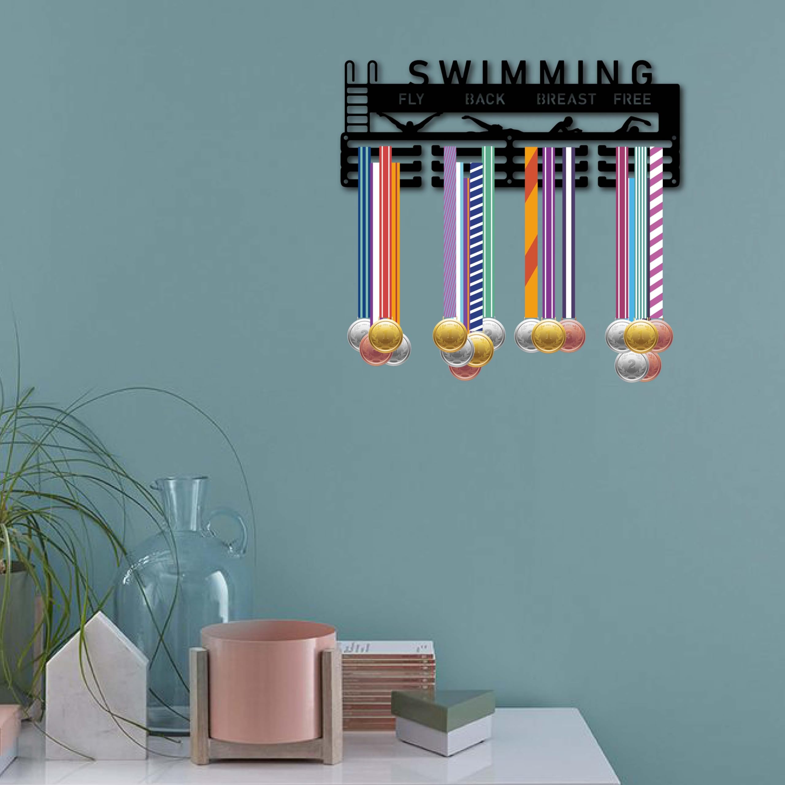 CREATCABIN Colgador para Medallas Natación, Organizador Medallas Hierro Y Metal Negro, Marco para Colgar sobre 60 Medalla, 40x15cm