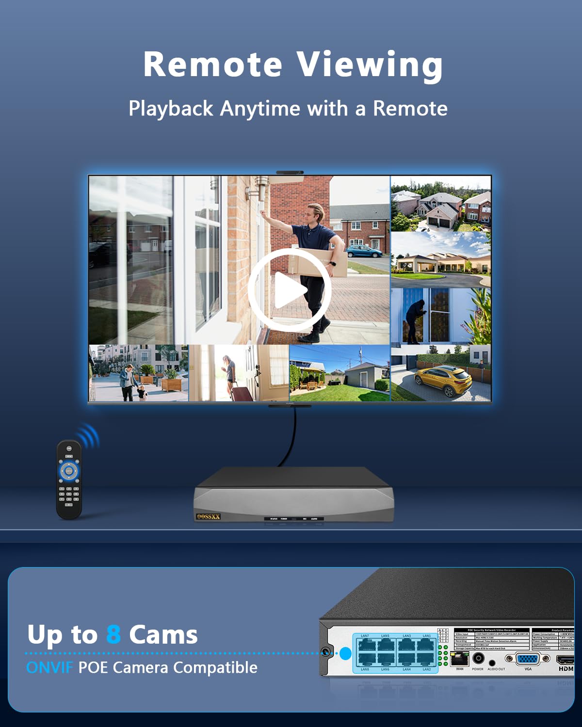 OOSSXX videoregistratore di rete di POE NVR di sicurezza di 8.0/4K Megapixel, nessun HDD | Supporta telecamere IP fino a 8 MP/4K, disco rigido da massimo a 8 TB, accesso remoto app gratuito, senza canone mensile