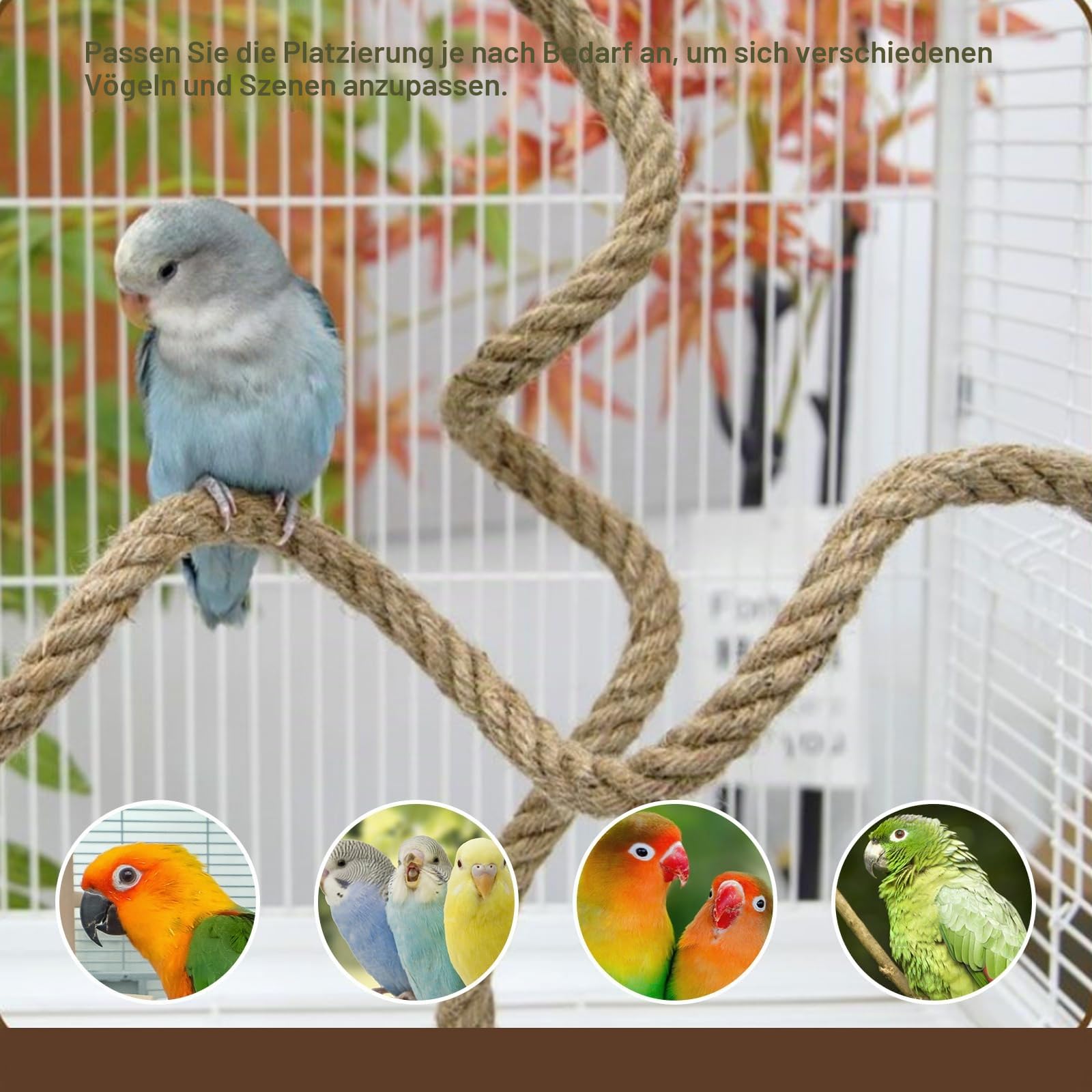 Seil-Sitzstange für Vögel,Vogelkäfig-Kletterseil-Spielzeugzubehör,biegbar,kletternd,biegbares natürliches Jute-Seil mit Kiefernholz und Edelstahlbefestigung,für Sittiche,Wellensittiche(150cm)