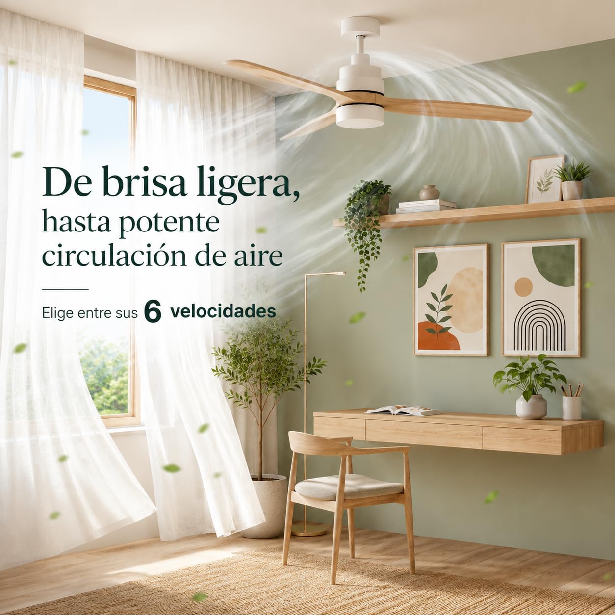 IluminaShop - Ventilador de Techo Led Wing-flat, con mando a distancia, motor DC 50W+Luz Led 18W, 6 velocidades, Silencioso,3 Aspas efecto madera, 132 cm, función verano-invierno, temporizador
