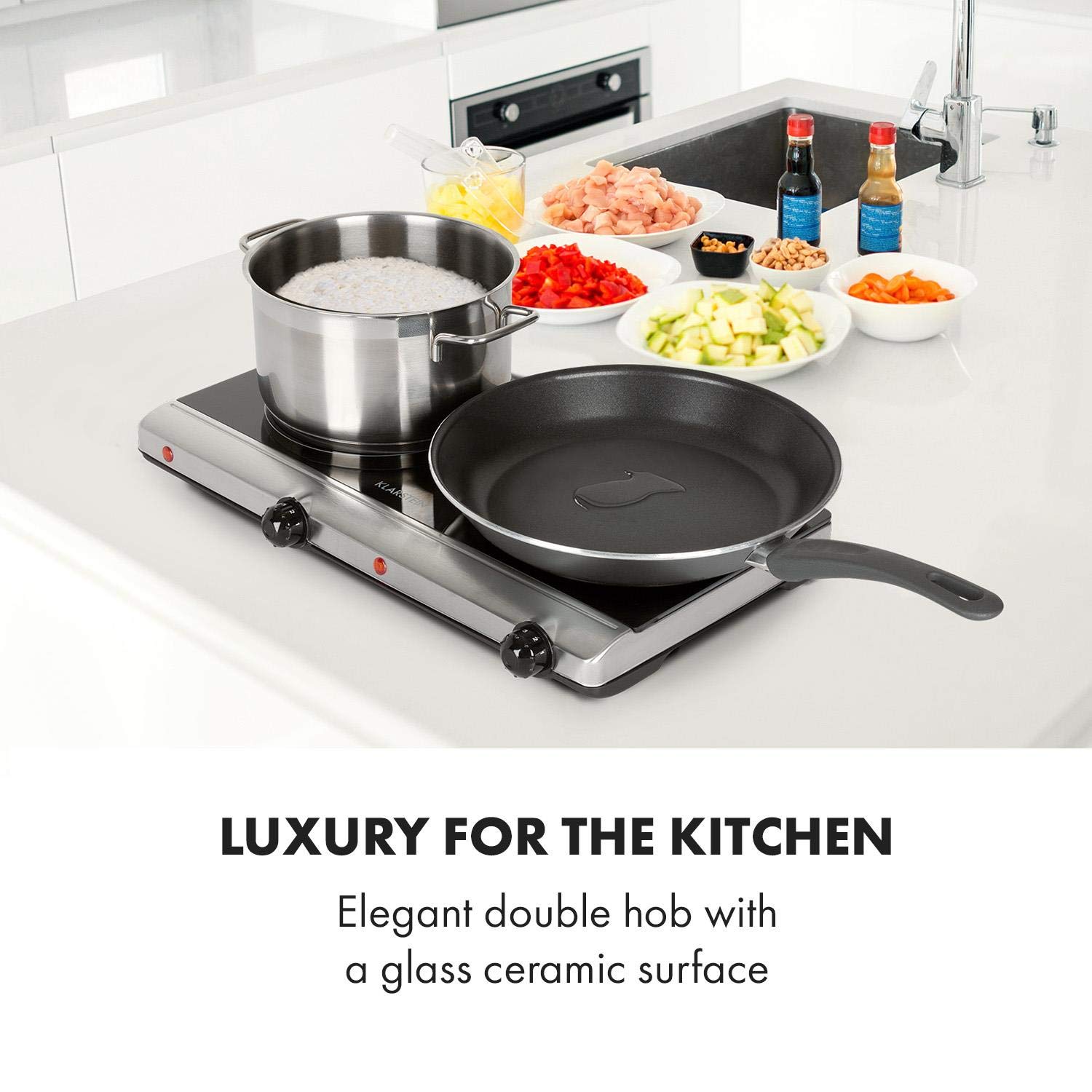 Podwójna płyta grzewcza Klarstein Cookbuddy - moc: 2400 W na podczerwień, ceramika szklana, mobilna płyta grzejna, 2 x 18 cm (Ø) strefa grzejna, 5 poziomów temperatury, ochrona przed przegrzaniem, elektryczna, srebrna