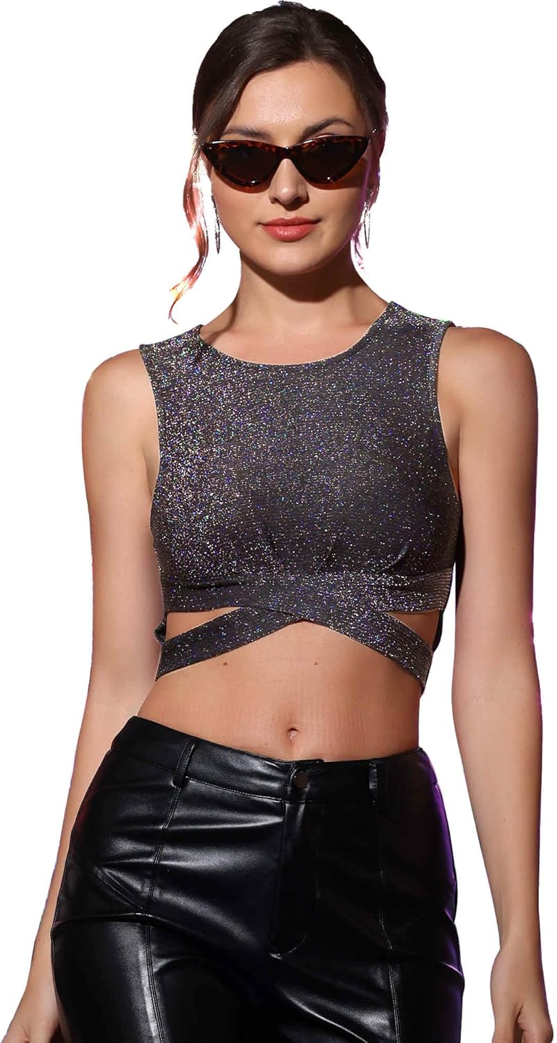 Allegra K Glitter Crop Top for Women's Halloween Sparkly Party Cutout Sleeveless Slim Fit Tops