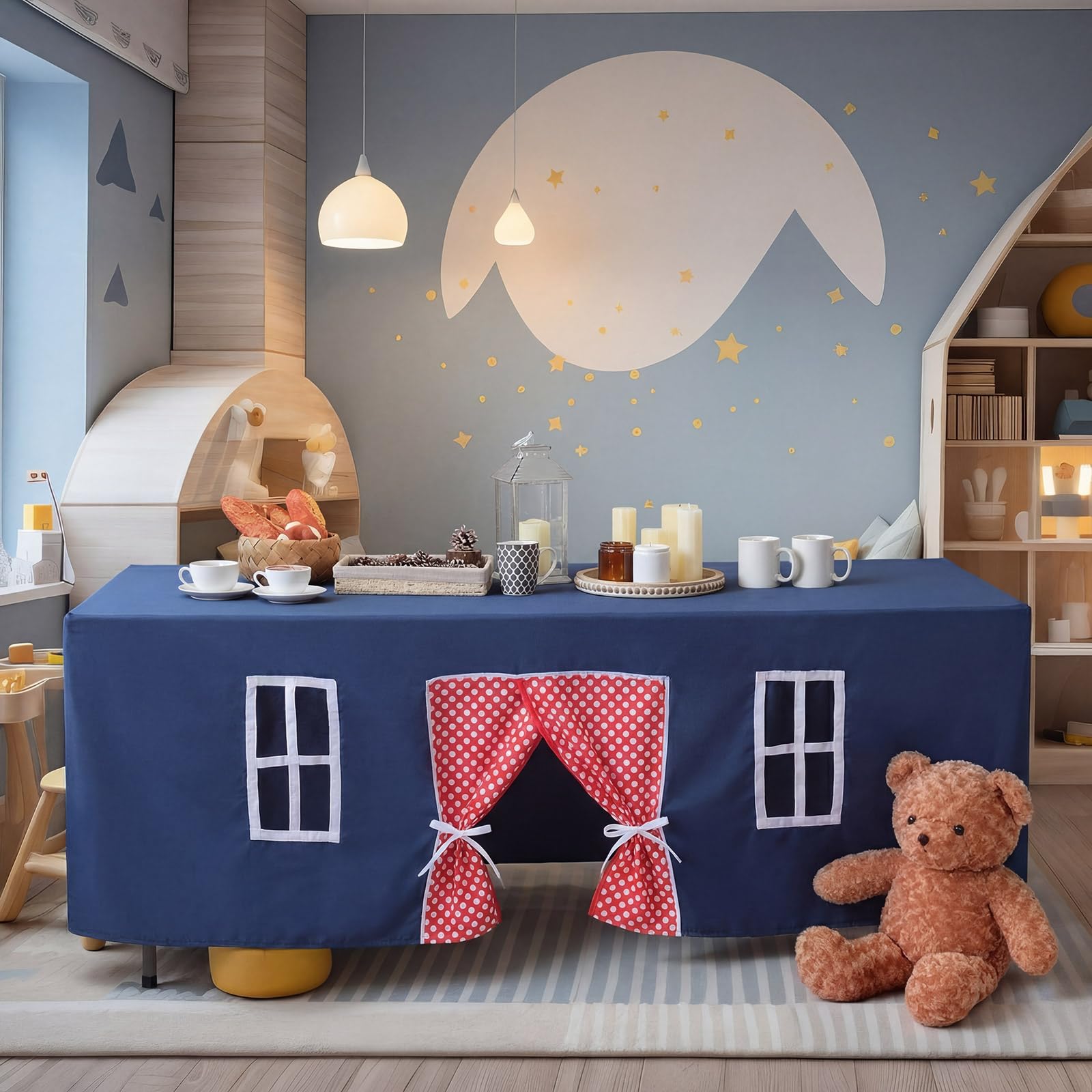 Oudain 10ft x 7.5ft Large Playhouse Table Cloth Table Tent Cover Playhouse Indoor Outdoor Tablecloth for Birthday Party Playground Room Play Accessory (Blue Red Colors,Polka Dots Style) โ image 1