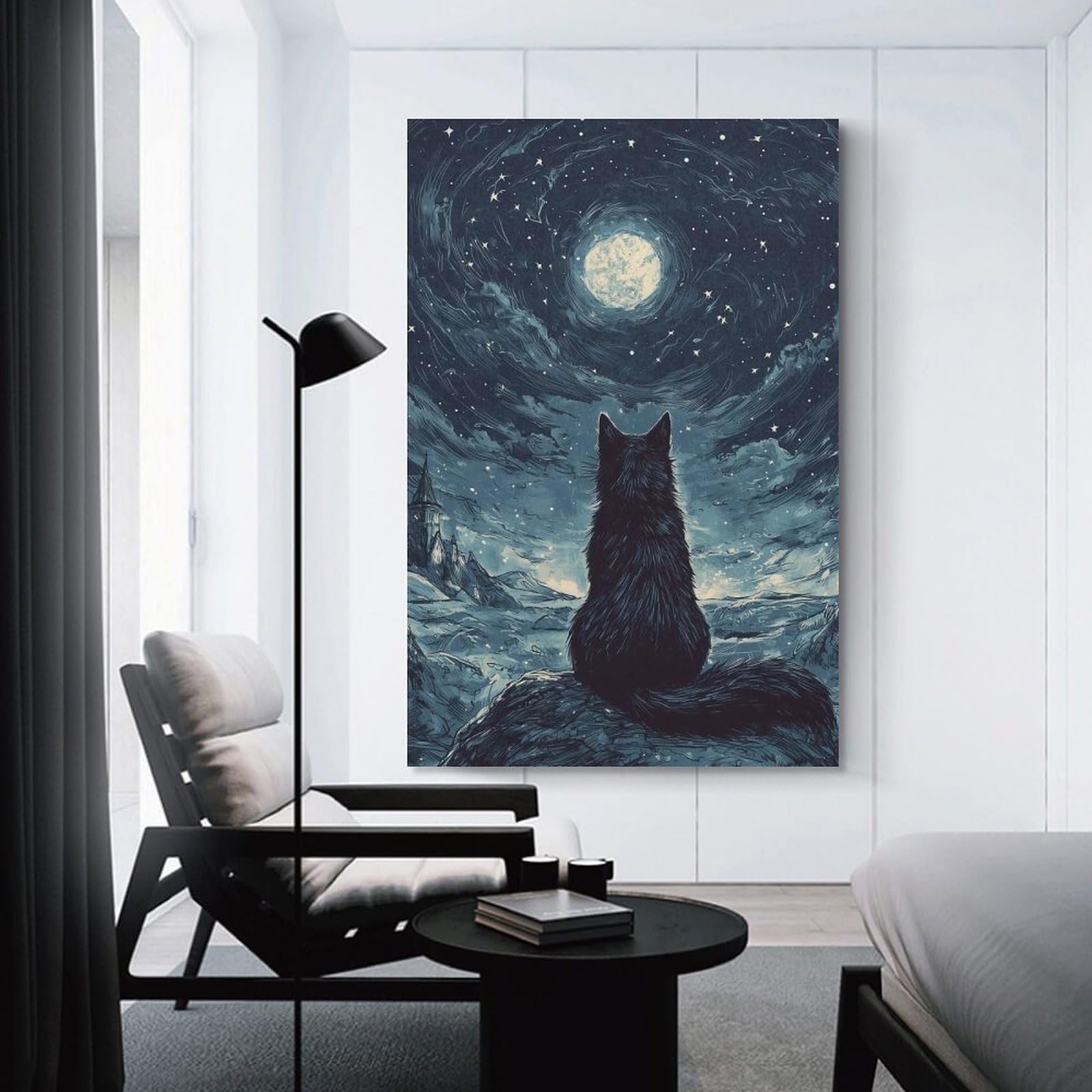 Junmoney Unframe-Style-2 Black Cat Under The Moon Room Decor Wall Art 12X18inch(30X45cm), For Bedroom Decor, Cosy Corners Or Studios, A Warm Accent For Relaxed Interiors
