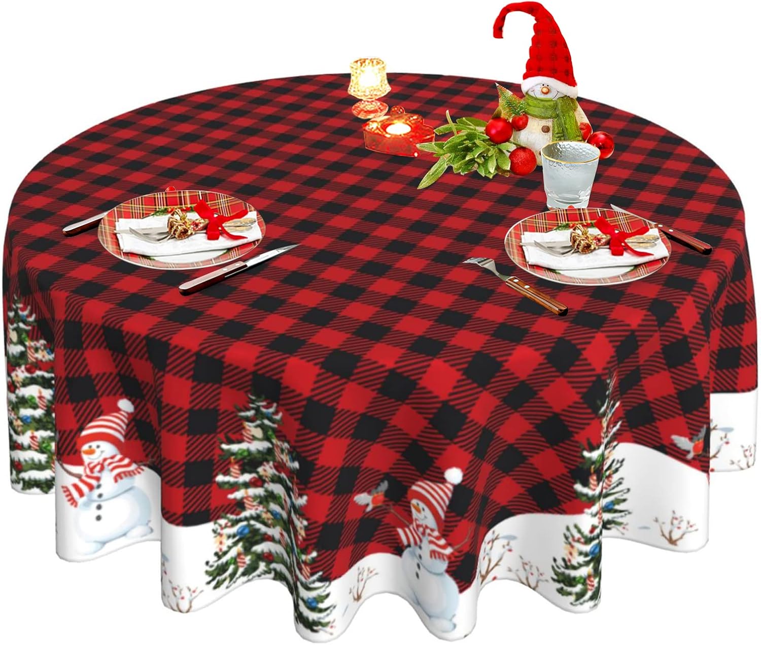 Christmas Tablecloth Red Black Buffalo Plaid Round Tablecloth 60 Inch