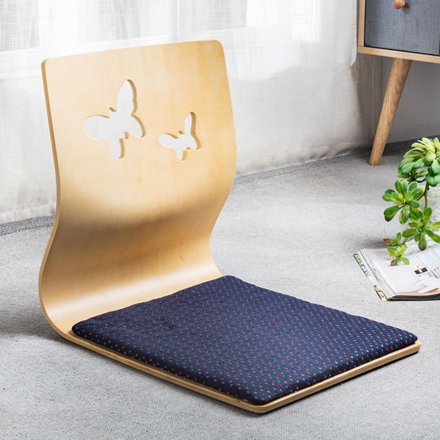 和风木制座椅子，舒适曲木设计，适合和室省空间，轻量背靠款，书斋居间通用，五孔薄地风格 (単穴,革の茶色)