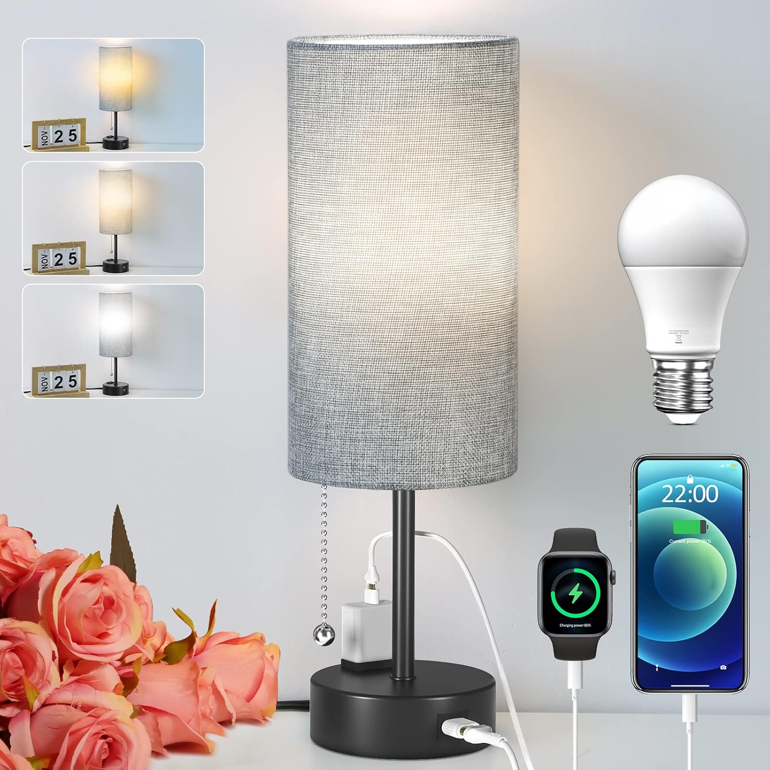 Small Bedside Table Lamp with 3 Color Temperatures, Pull Chain
