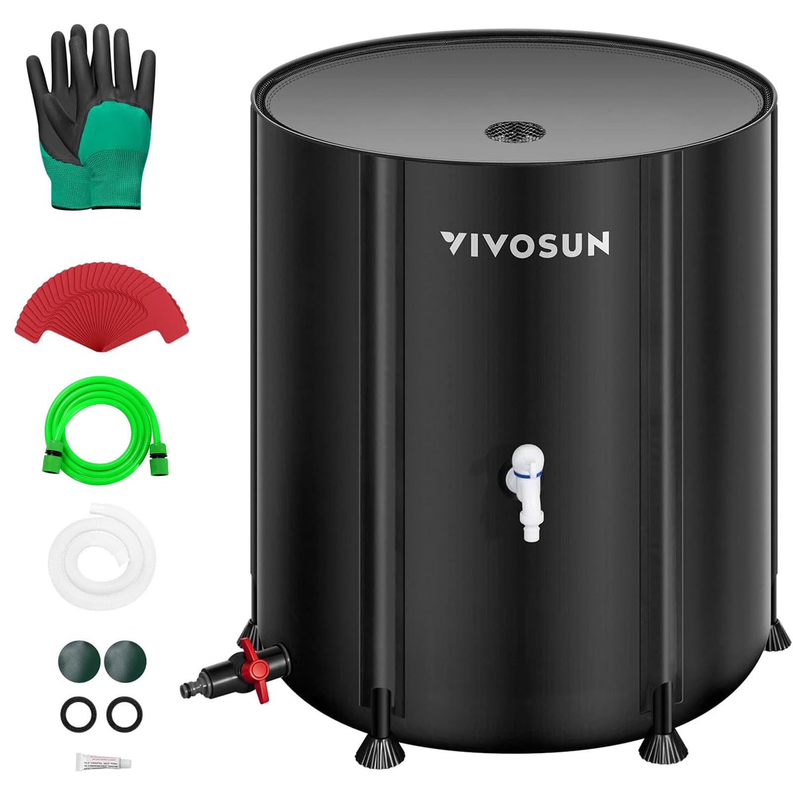 vivosun collapsible rain barrel, 100 gallon water storage tank with 1000d oxford cloth, portable rain collection system includes two spigots and overflow kit, black