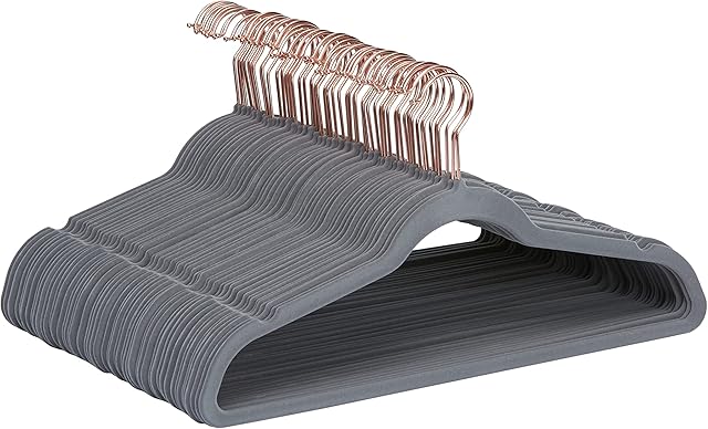 Amazon Basics Slim, Velvet Non-Slip Suit Clothes Hangers, Grey/Rose Gold  Pack of 50