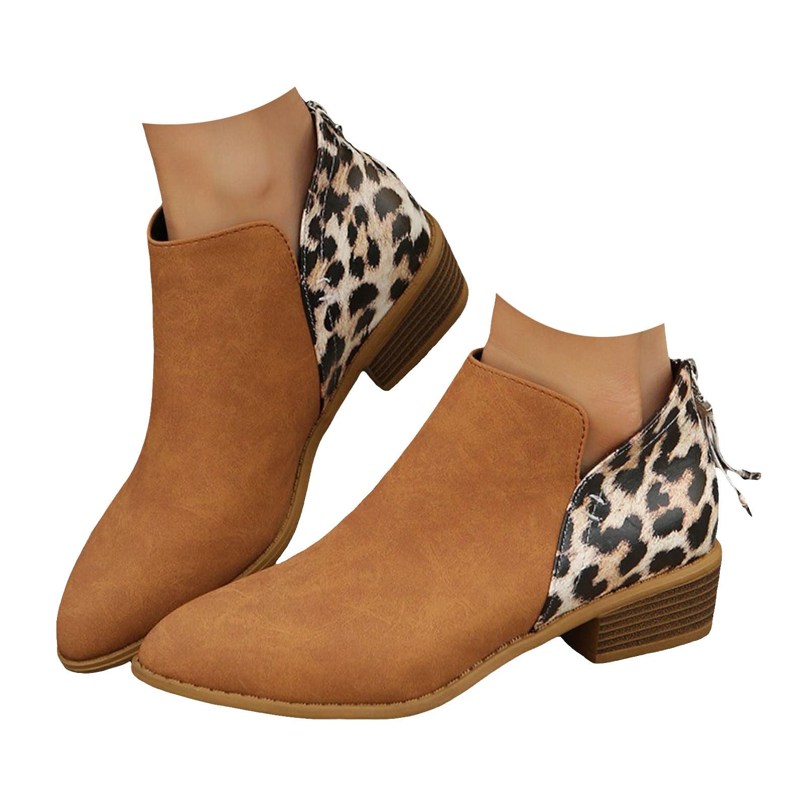Womens Cowboy Ankle Boots Cowgirl Leather Leopard Print V Cut Design Chunky Block Heels Side Zipper Western Booties