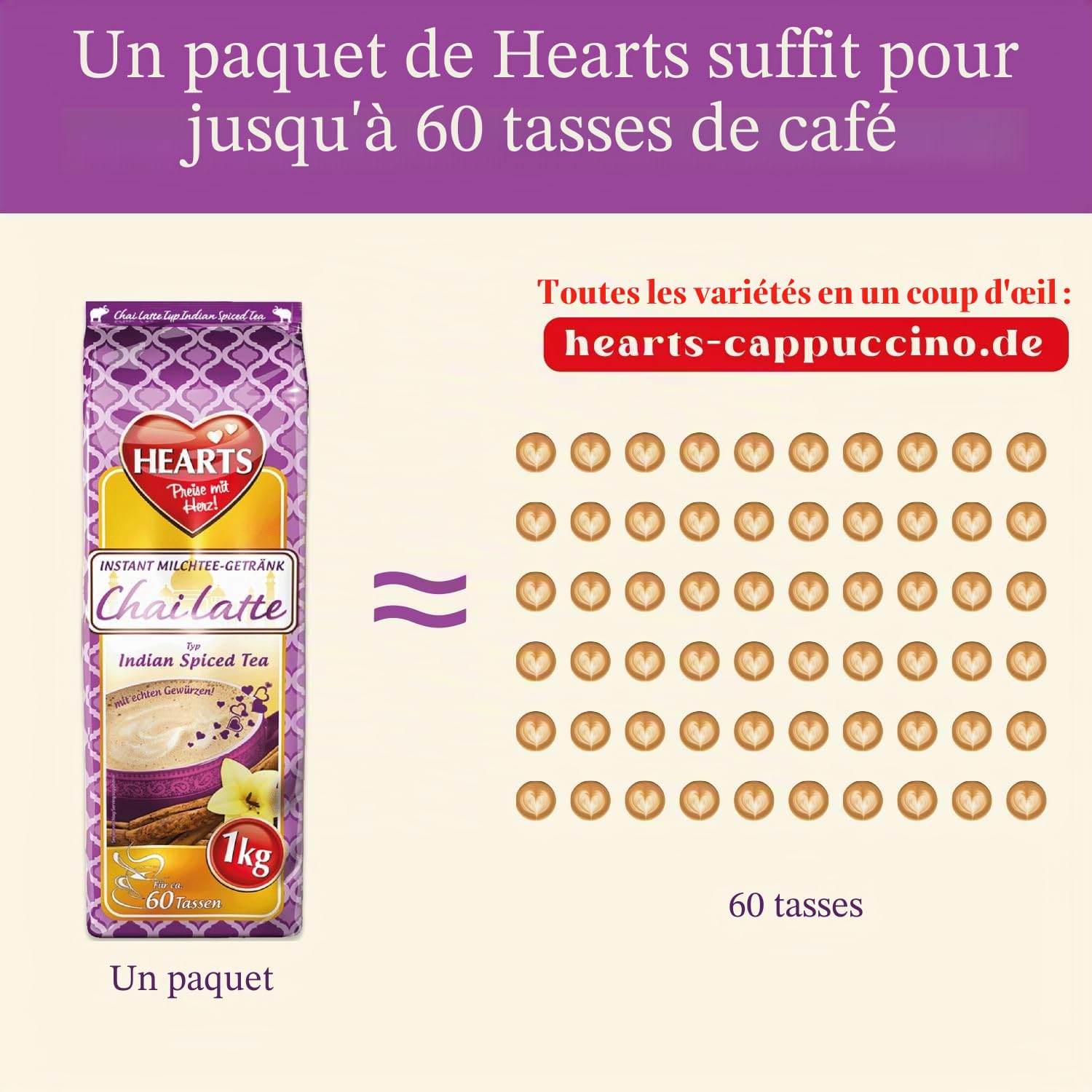 Hearts Chai Latte Poudre de 5 x 1 kg de thé au lait instantané, facilement soluble avec de vraies épices, thé épicé pour la restauration et la maison, il suffit d'ajouter de l'eau pour 250 tasses