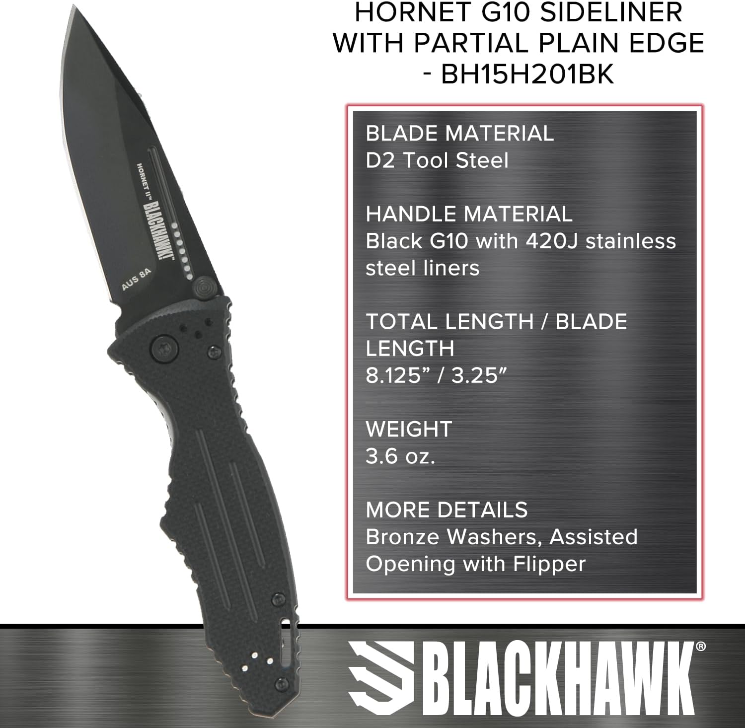 Bear & Son BLACKHAWK - ASSISTED - 3.25" - Drop Point - D2 Tool Steel - G10 w/SS Liners - Bronze Washers - BH15H201BK