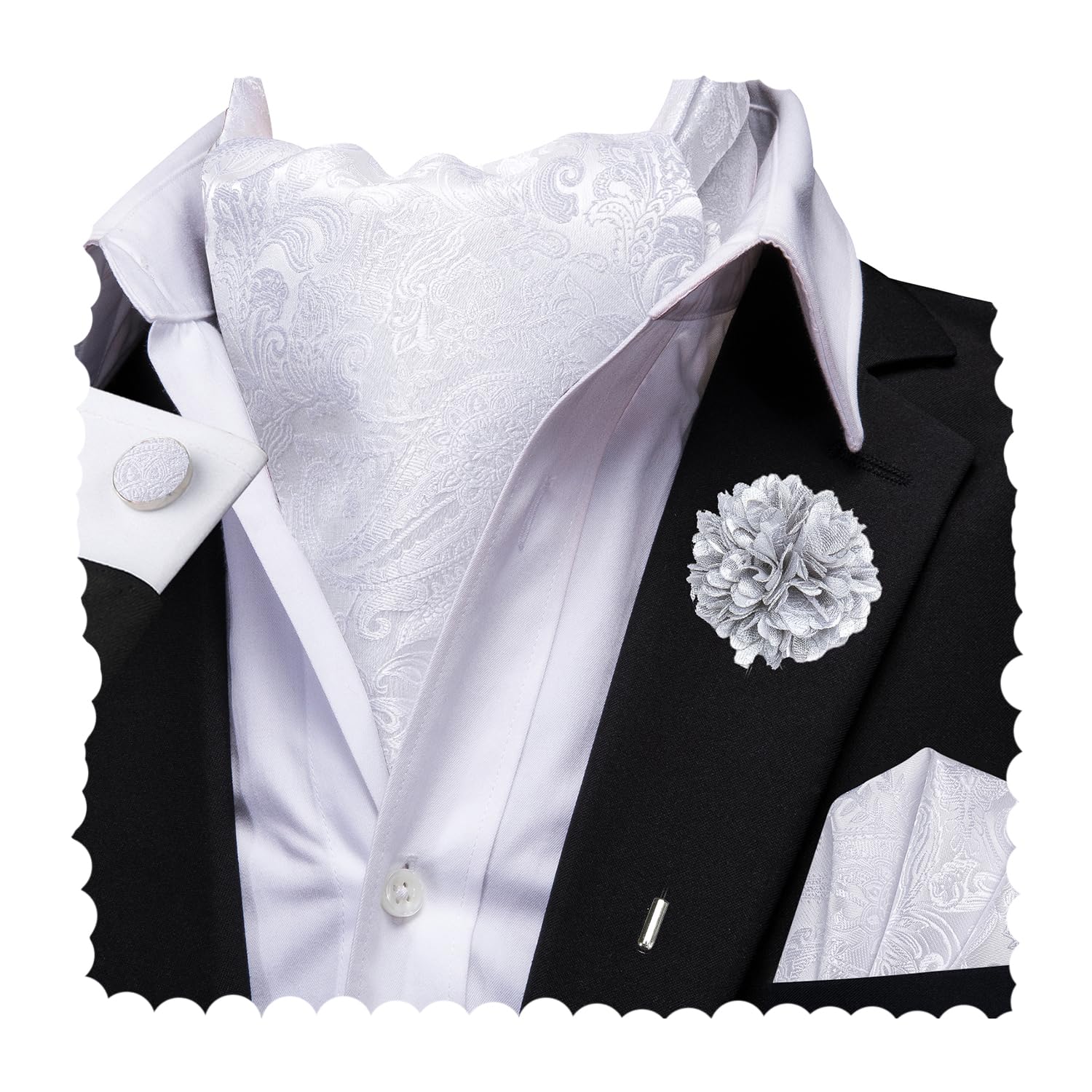 Hi-Tie Silk Ascot for Men Self Tie Men's Cravat and Flower Lapel Pin Handkerchief Cufflinks Set for Wedding Party
