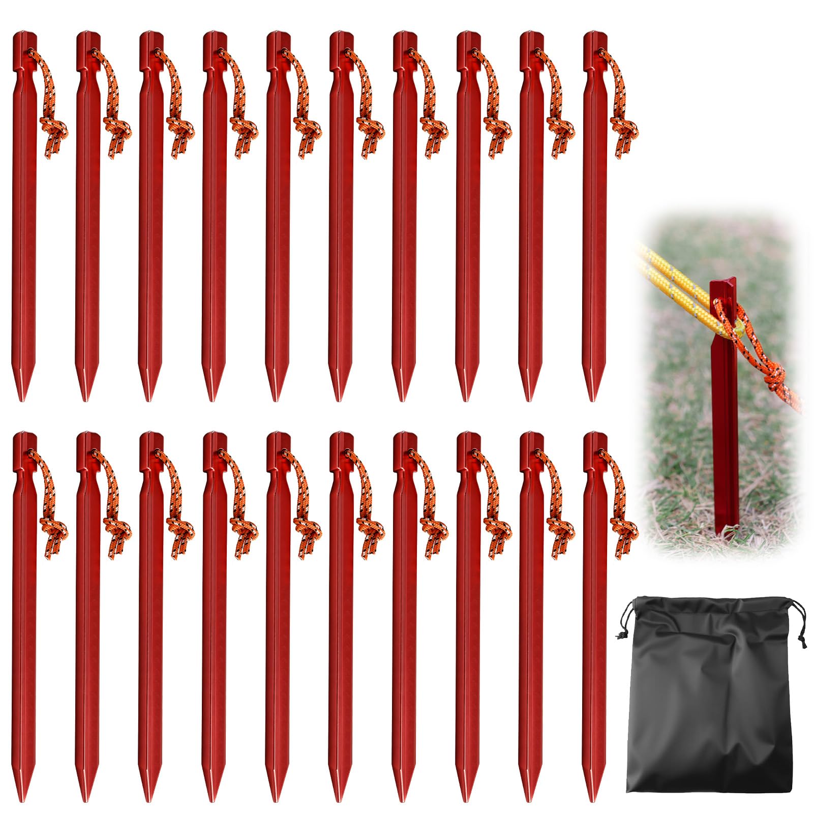 Aluminium Tent Pegs Heavy Duty, 20 Pack Red Camping Ground Pegs with Reflective Ropes and Carry Bag, 18cm Metal Tent Stakes for Beach Hiking Tarps Hammock Outdoor Use