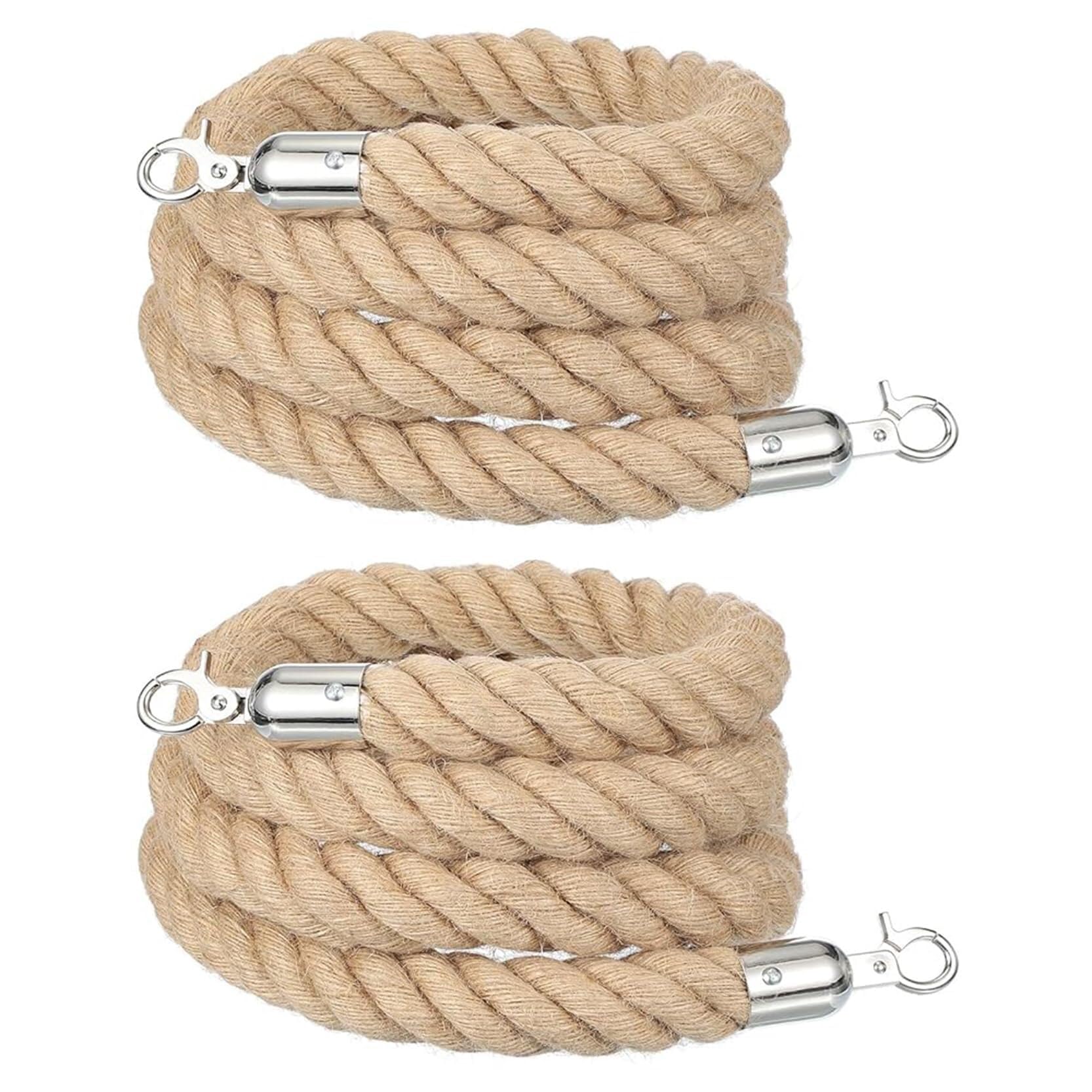 Hemp Stanchion Rope - 2 Pack Braided Jute Queue Barrier with Silver Hooks for Crowd Control and Event Management(6ft/185cm)
