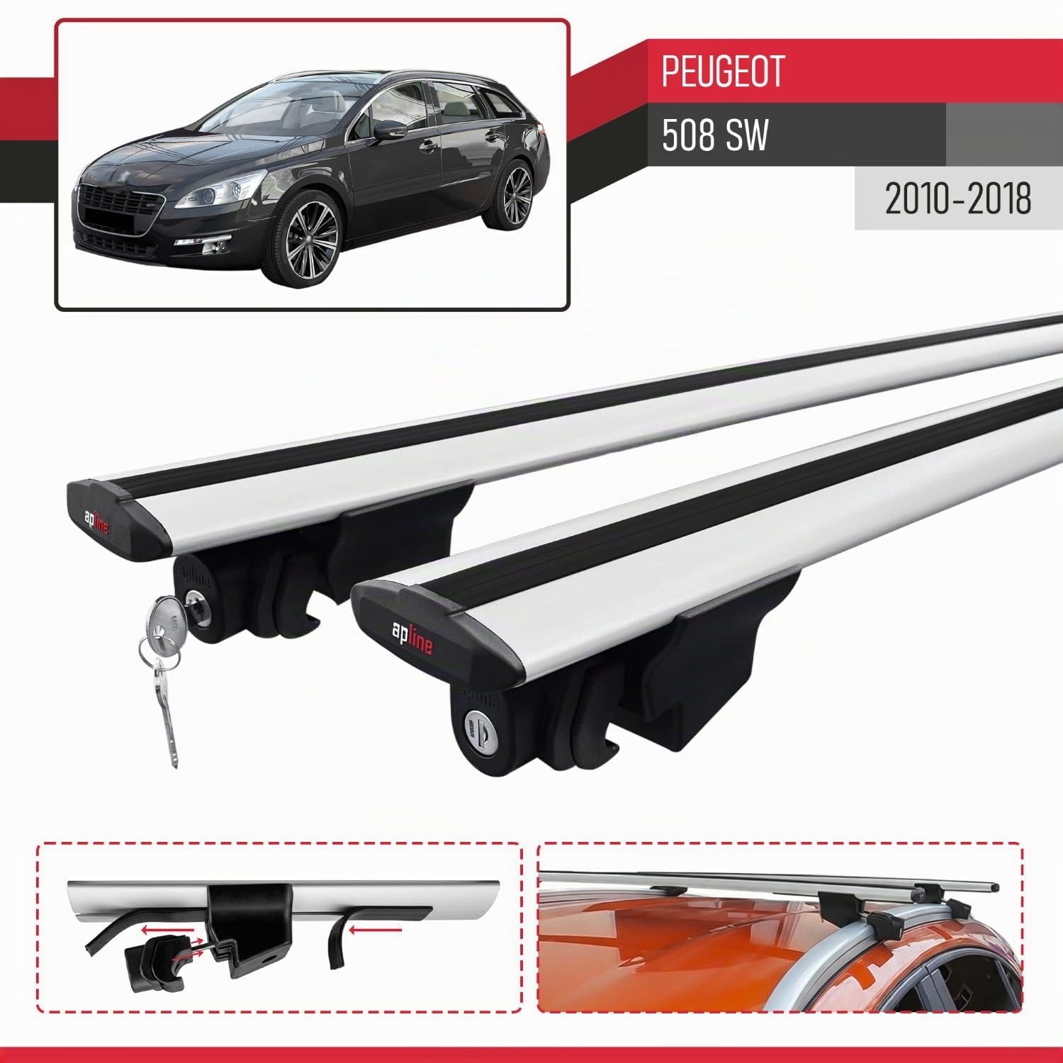 Compatible avec Peugeot 508 SW 2010-2018 Hook Modèle Barres de Toit Railing Porte-Bagages de Voiture Aluminium Gris 2 Barres