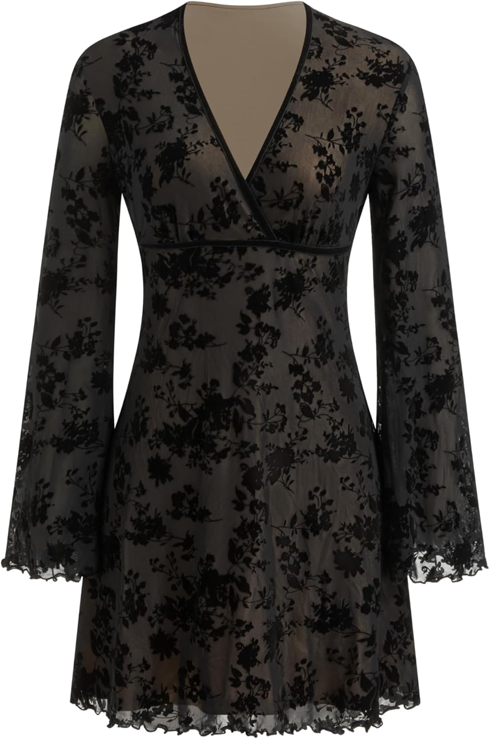 CIDER Womens Floral Print Long Sleeve Mini Dress Sheer Party Dress