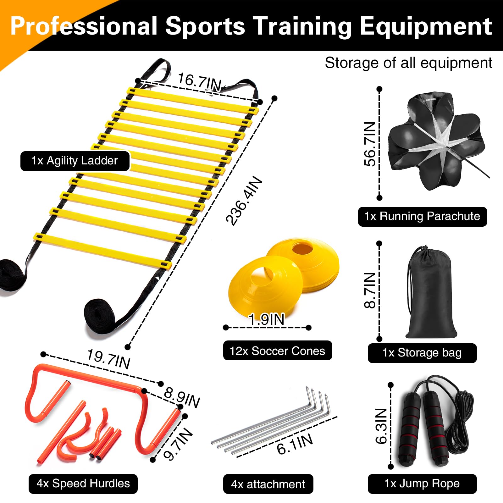 El kit de equipo de entrenamiento de agilidad incluye 12 escaleras de agilidad, 4 obstáculos de agilidad, 12 conos de fútbol, cuerda de saltar, paracaídas, equipo de entrenamiento de fútbol,