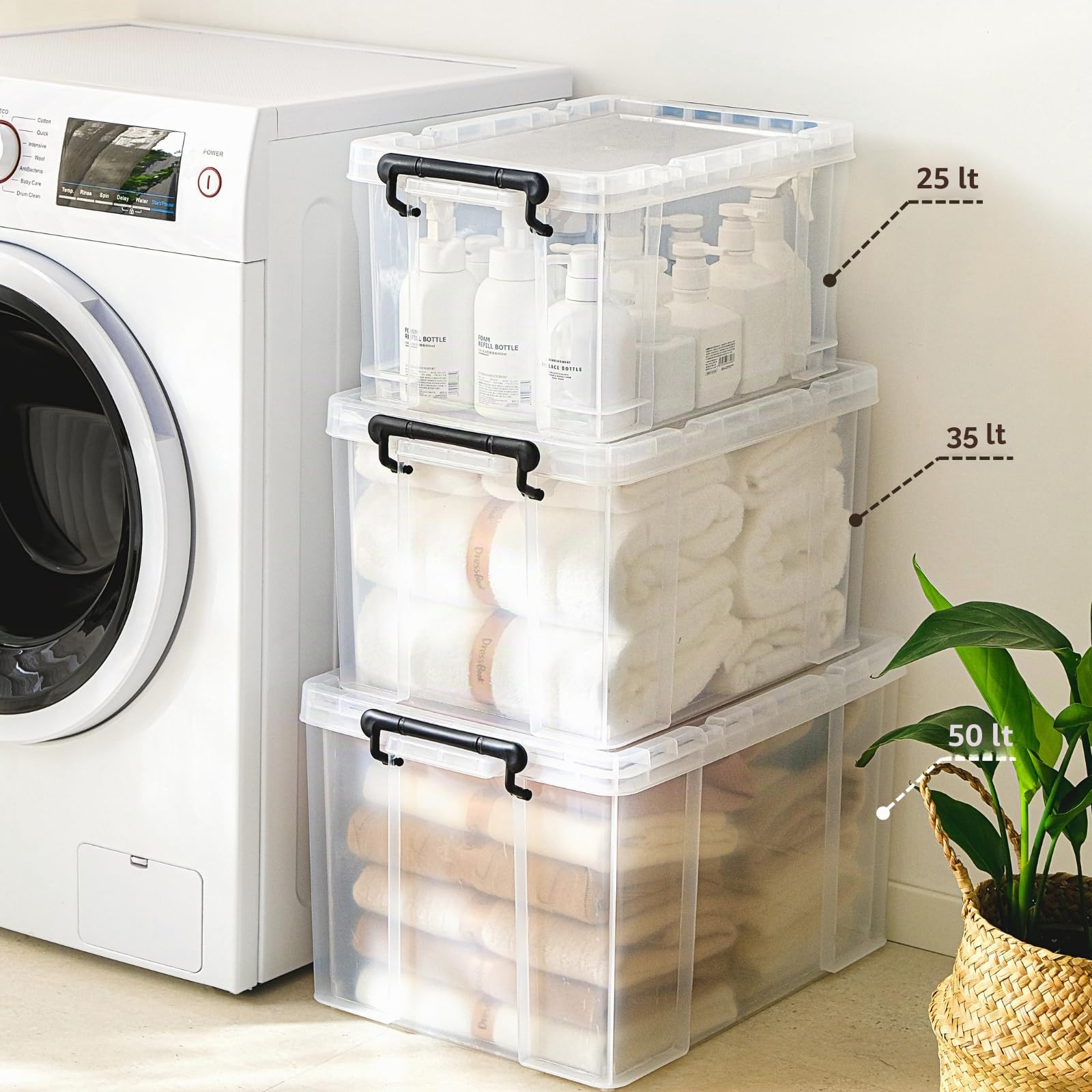 Cetomo 50L*3 Scatole di Stoccaggio, Bidone di Stoccaggio Impilabile con Coperchi, Contenitore Robusto con Angoli Rinforzati, Lati Verticali, di Plastica, Durevoli, PP, Trasparenti, 50L-3 Unità