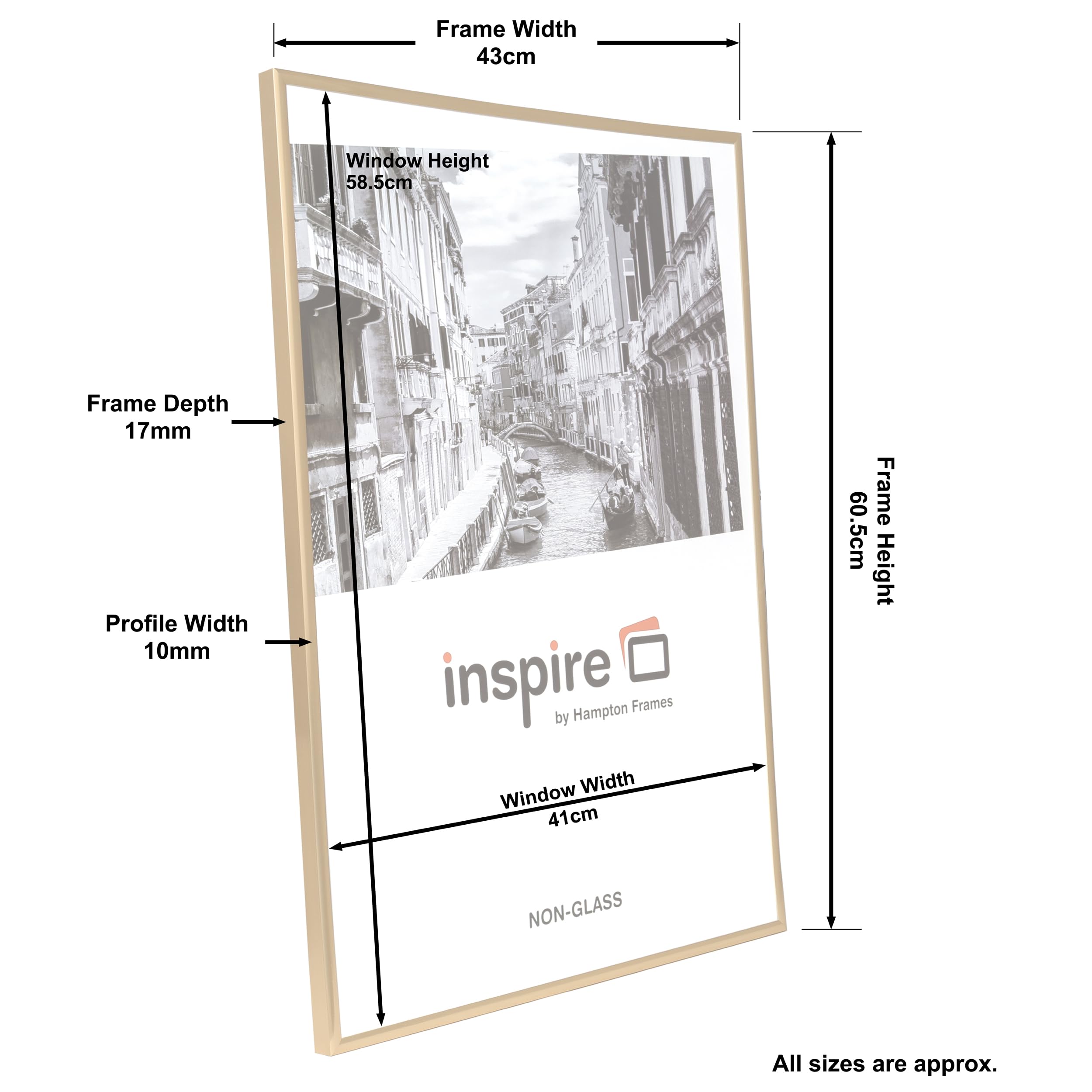 Hampton Frames Cornice per poster A2 42x59 cm oro | Plexi infrangibile, leggera, backloader | Per foto, poster, opere d'arte, casa, ufficio, studio
