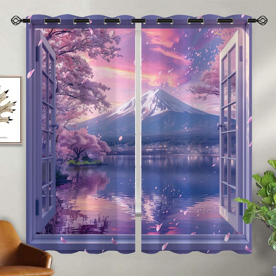 Mount Fuji Blackout Curtains for Girls Kids Teen Boys Home Decor,Pink Sakura Nature Cherry Blossoms Grommet Thermal Insulated Drapes Darkening Window Curtain for Bedroom Living Room, 63 x 63 Inch