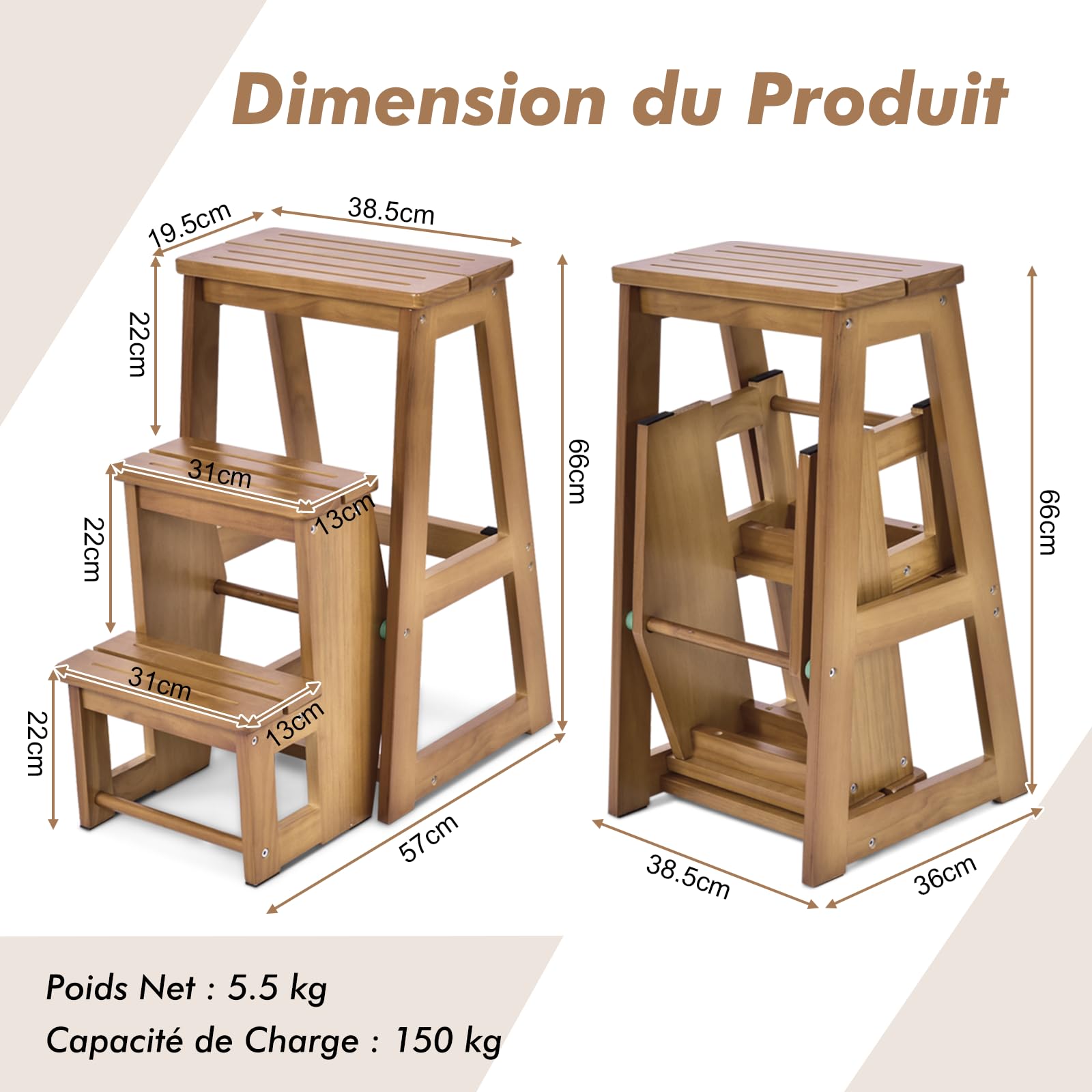 GIANTEX Escabeau Tabouret en Bois,Escabeau à 3 Marches Pliable,Marche Pied Echelle Portable, Peu Encombrant,pour Cuisine Chambre (Naturel)