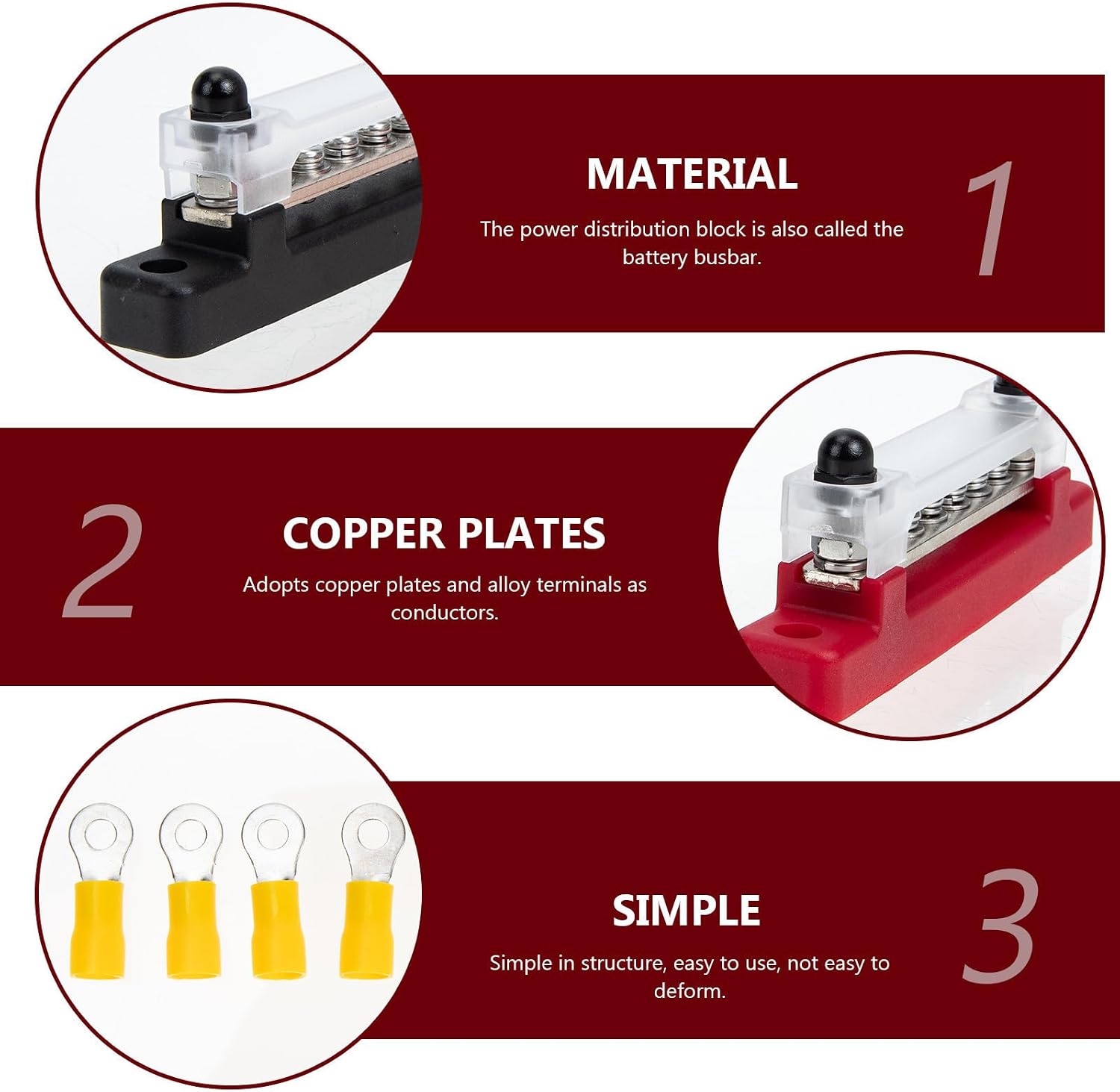 OSALADI 150a Power Distribution Terminal Block for Car and Yacht with 6-Channel Copper Busbar, Red Alloy and Plastic Material, Easy to Use and Suitable for Outdoor Environments, with 12