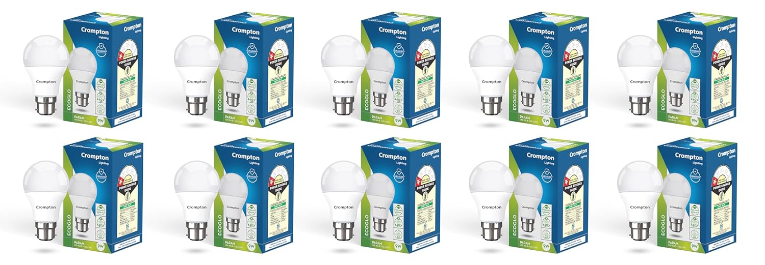 Crompton Param 9 Watt LED Bulb Cool Day Light | Pack of 10 | B22 Base, Energy-Efficient | LED Bulb for Home & Office, Wide Light Spread