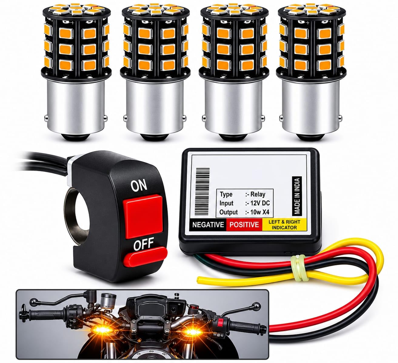 universal multi-mode bike hazard flasher kit | 16 pattern flasher relay with on/off switch | 4 pcs 33 smd cross pin led indicator lights for all motorcycles