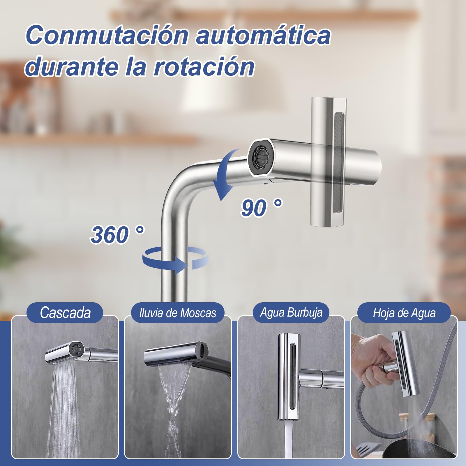 Cieex Grifo Cocina Extraible Conjunto de Grifo Cocina Con Manguera et Cinta De Teflon Grifos Monomando Cocina Fregadero de Acero Inoxidable 4 Modos de Rociador