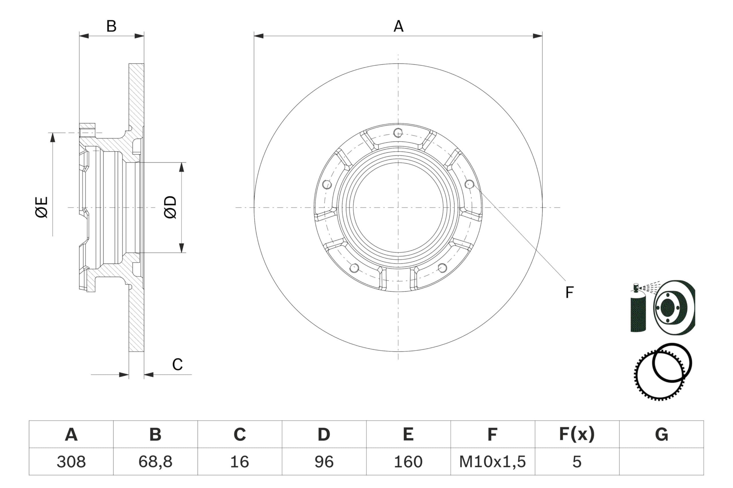 BOSCH Disco Freno BD2807 - Disco Freno Ventilato di Ghisa di 308mm - Asse Posteriore - Conforme al regolamento ECE-R90 - Ottimizzato per Ridurre Rumore, Calore e Corrosione - 1 Disco