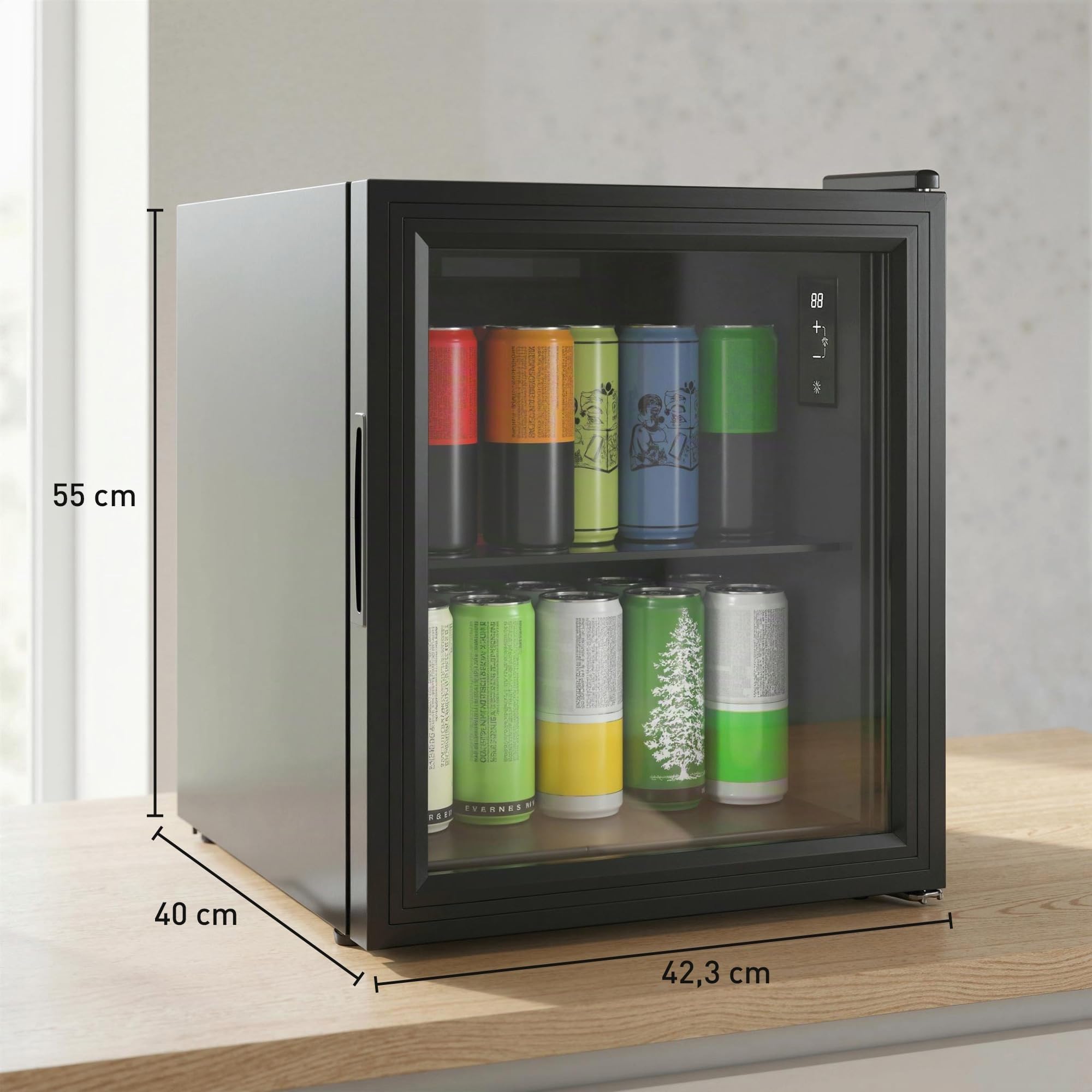 HOMCOM 46L 59 Cans Silent Freestanding Beverage Fridge Black | Mini Fridge Bedroom Double Tempered Glass Door Glass Shelf LED Lighting Touch Screen Desk Dorm Room