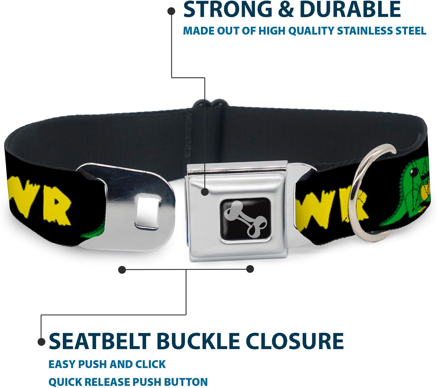 Buckle-Down Seatbelt Buckle Dog Collar - RRRAWR Dinosaur Black/Green/Yellow - 1" Wide - Fits 15-26" Neck - Large