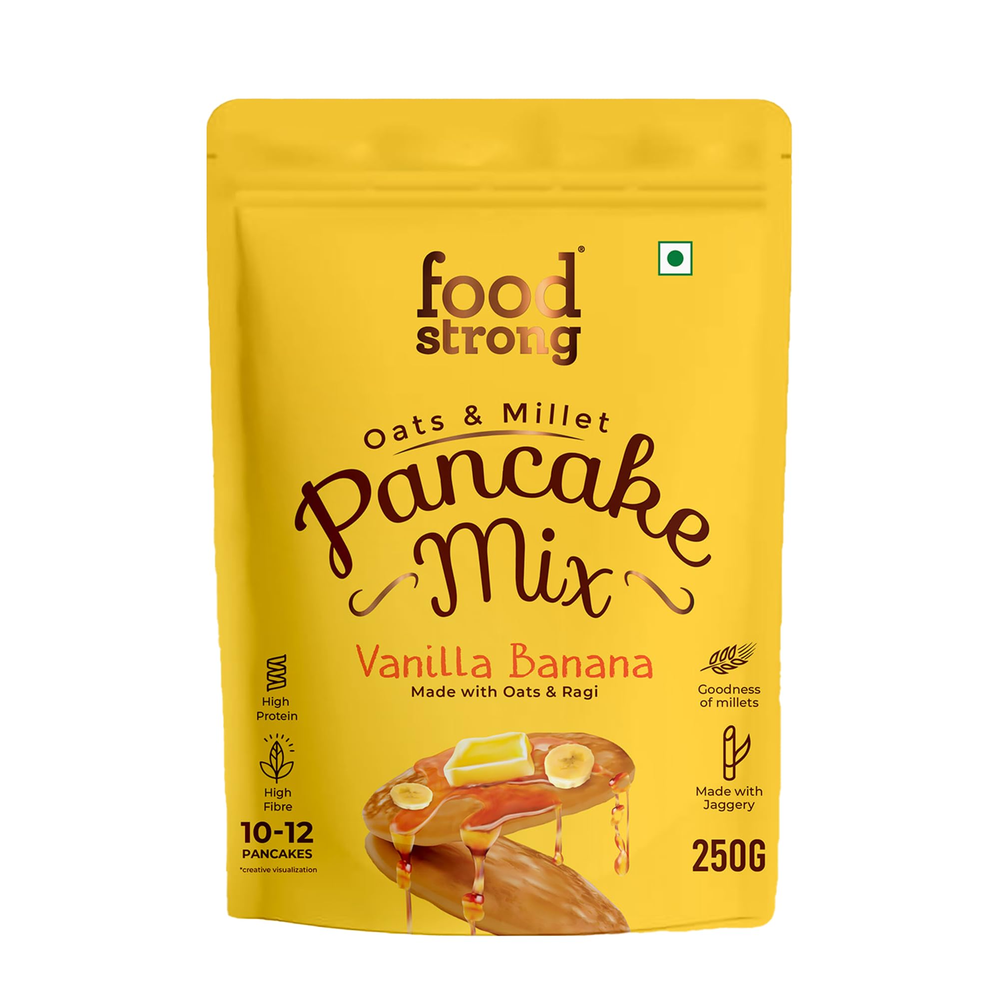 Foodstrong Oats and Millets Vanilla Banana Pancake Mix, Source of Fibre & Protein, No Maida, No Refined Sugar - Made With Jaggery, Eggless Instant Breakfast Mix 250 g