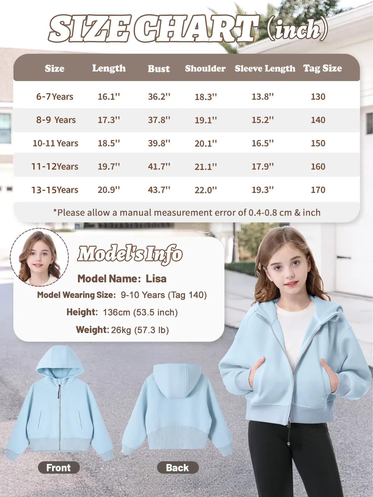 Rolanko Sudadera con Capucha y Cremallera para Niñas, Chaqueta con Capucha de Manga Larga Sudadera con Bolsillos para Niños de 6 a 15 Años