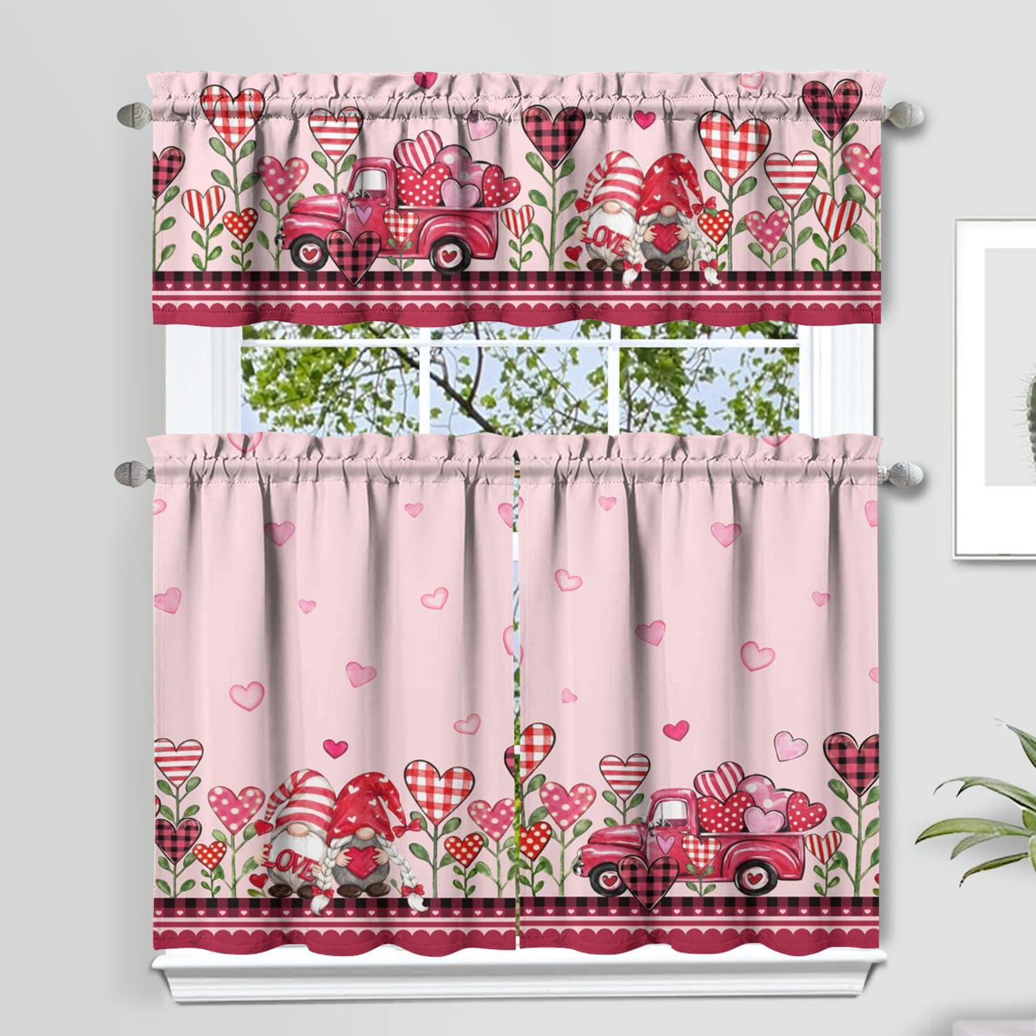 qwpmvhsak Valentines Day Kitchen Curtains and Valances Set of 3,Valentine's Day Pink Love Heart Decor,Heart Curtains and Valances Short Curtain Set