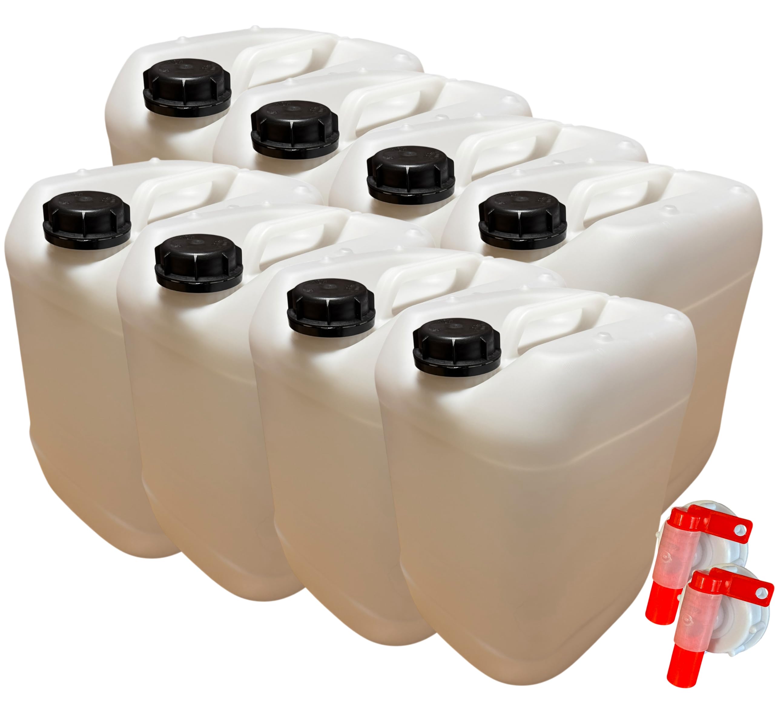 American Style - Lot de 8 Bidons Plastique 20 L litres avec Bouchon et 2 Robinets Verseurs - Résistant pour Liquides Alimentaires et Chimiques Poignée Ergonomique, Empilable, Réutilisable - Jerrican
