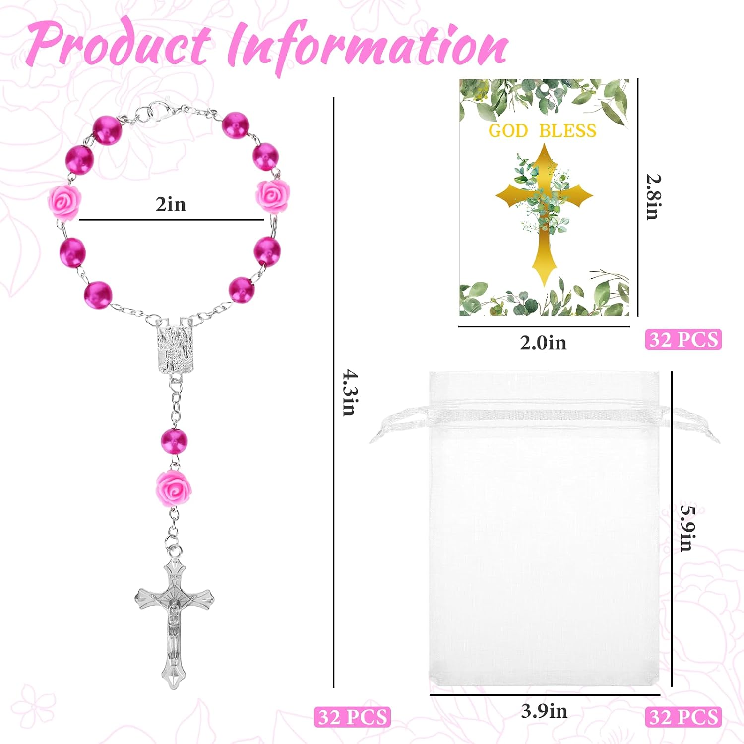 96 Pcs Catholic Rosary Baptism Favors Bulk Rosaries with Cards and Organza Bags Baby Shower Wedding Christian Christening Supplies Gifts Baptism Decor (Purple)
