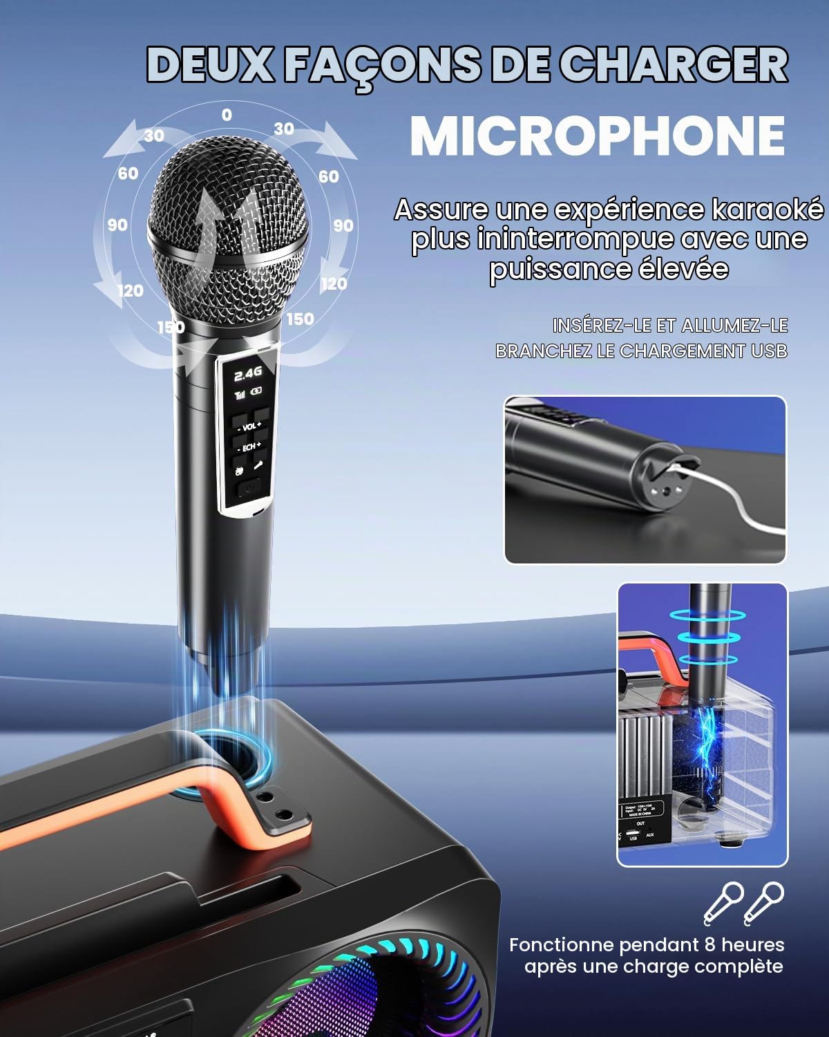 Machine de Karaoké SORDA Pour Adultes ET Enfants, Enceinte Bluetooth Portable 80 W, 2 Microphones Sans Fil, Réglage de L’éCho, Compatible USB/Aux, Idéale Pour Les Fêtes en Intérieur et en Extérieur