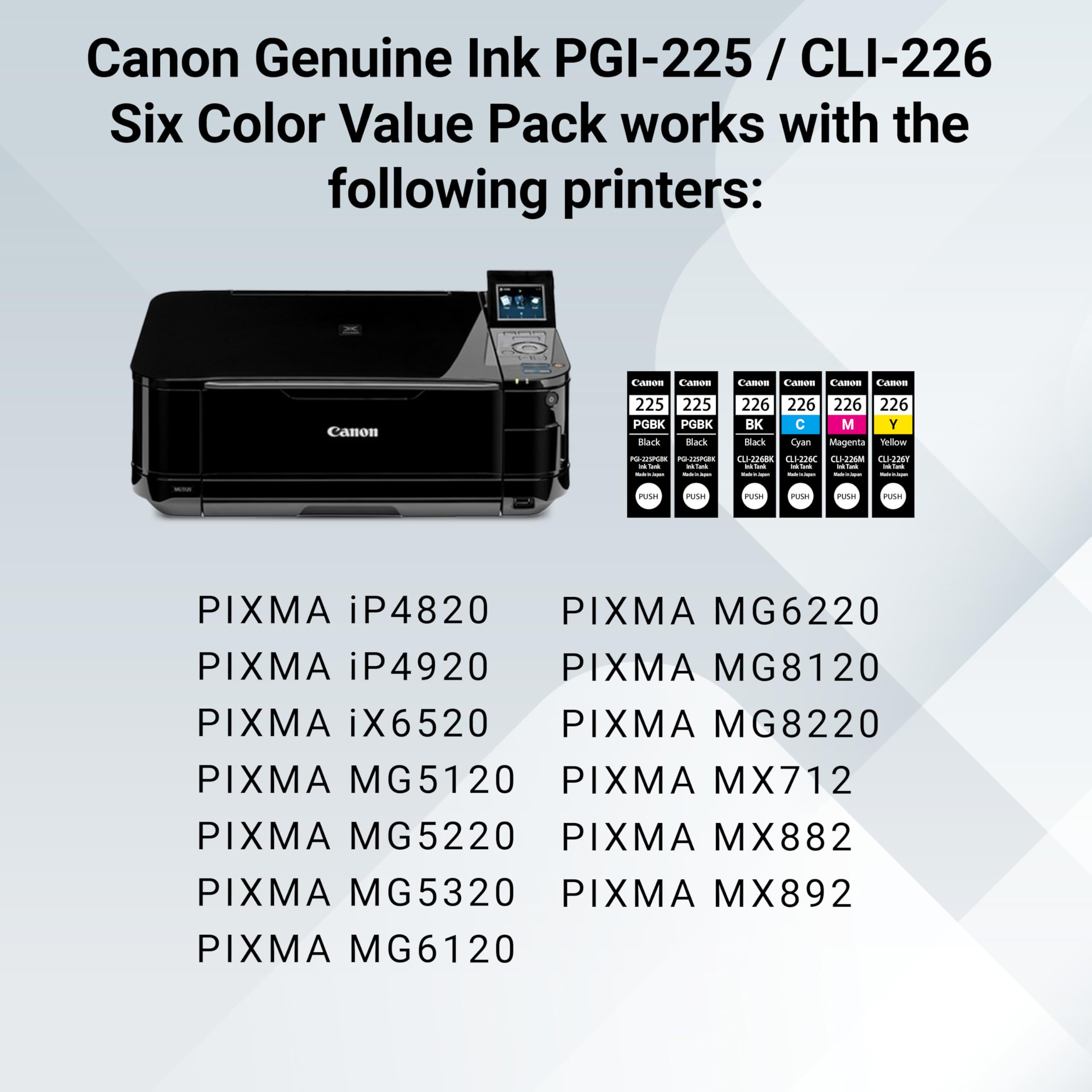 Canon PGI-225CLI-226 Genuine Six Color Value Pack Compatible with iP4820 iP4920 iX6520 MG5120 MG5220 MG5320 MG6120 MG6220 MG8120 MG8220 MX712 MX882 and MX892 Printers product thumbnail 7