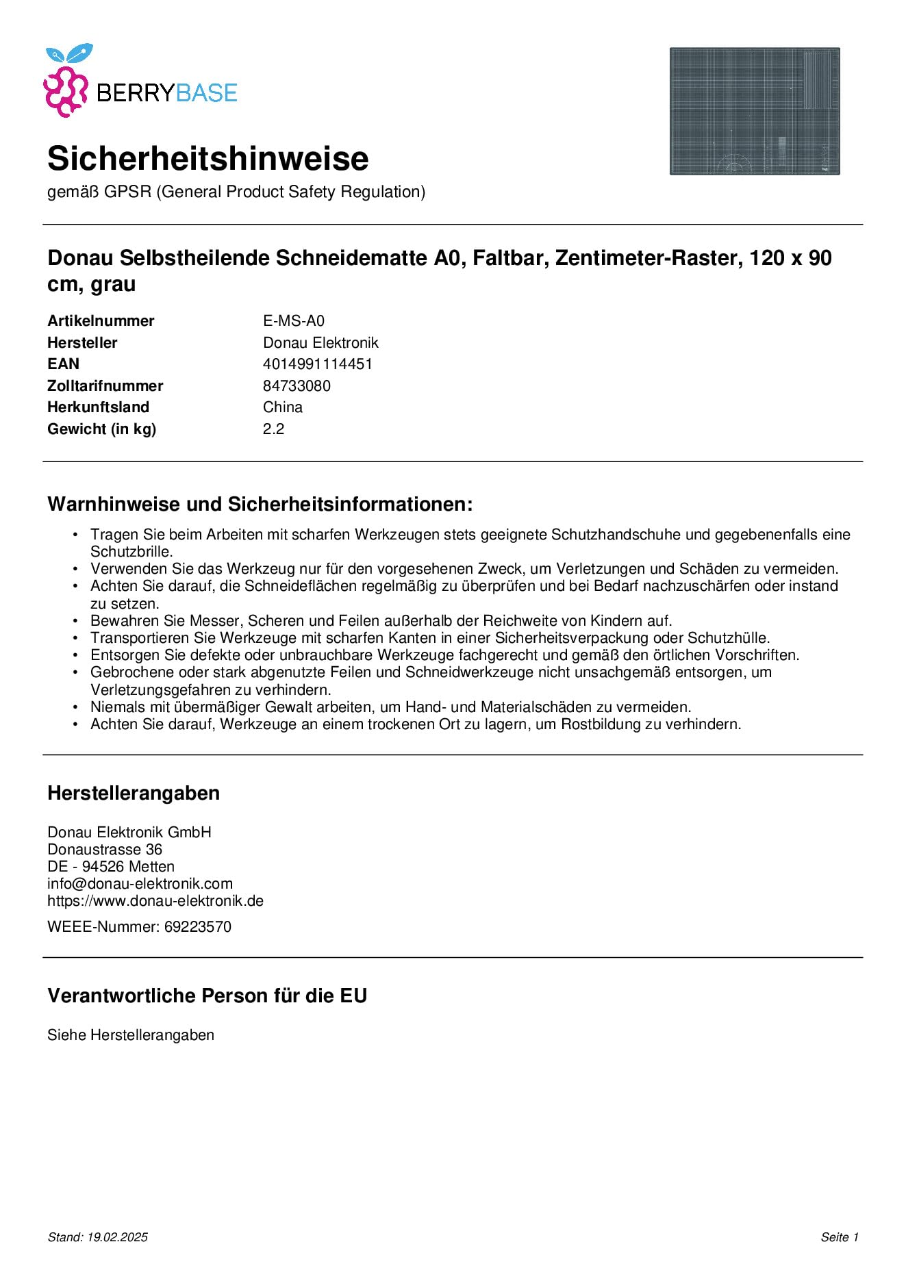 Donau Selbstheilende Schneidematte A0, Faltbar, Zentimeter-Raster, 120 x 90 cm, grau