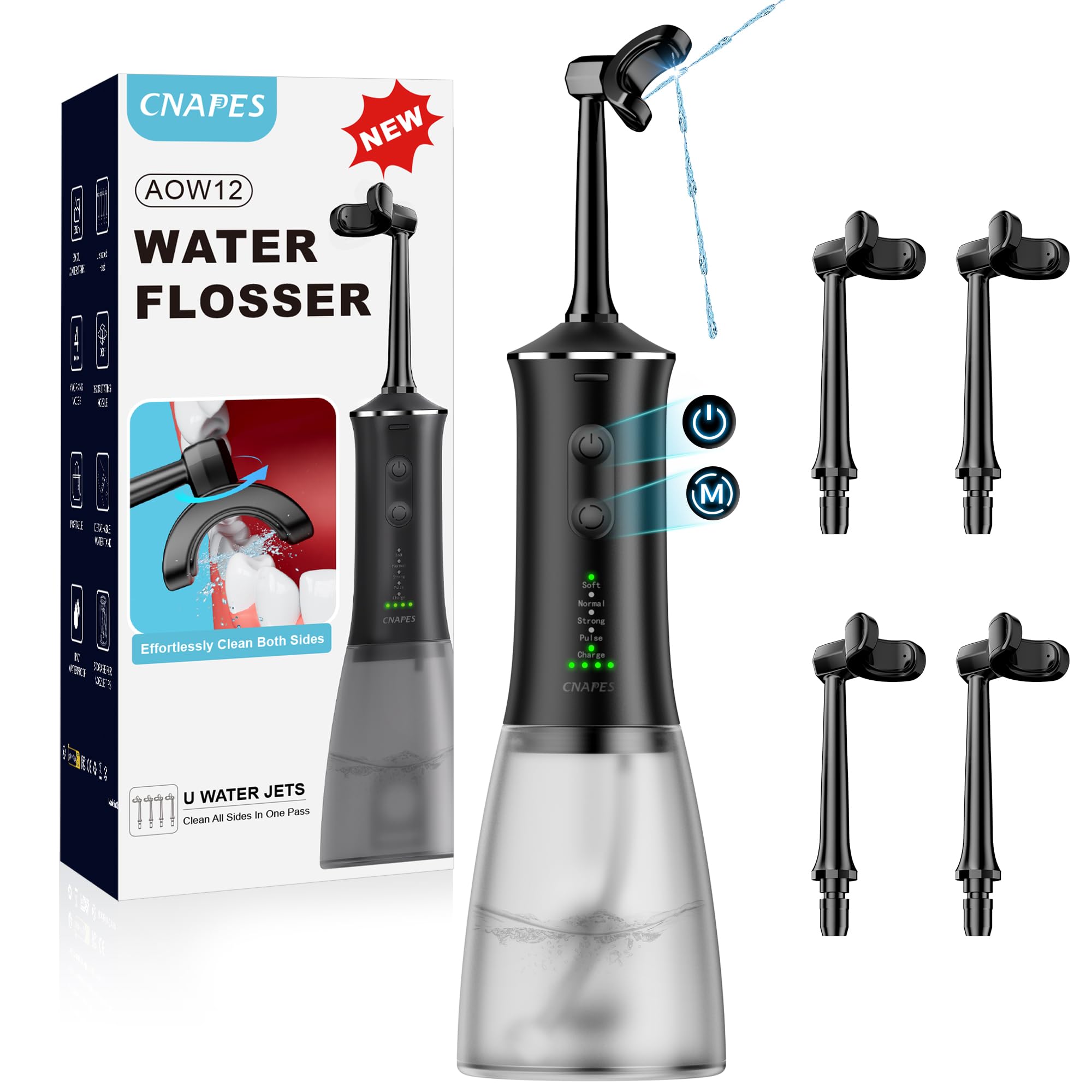 Irrigador bucal inalámbrico para dientes, boquilla en forma de U que limpia profundamente el interior y el exterior, 4 modos, tanque grande de 350 ml, impermeable IPX7, irrigador oral portátil